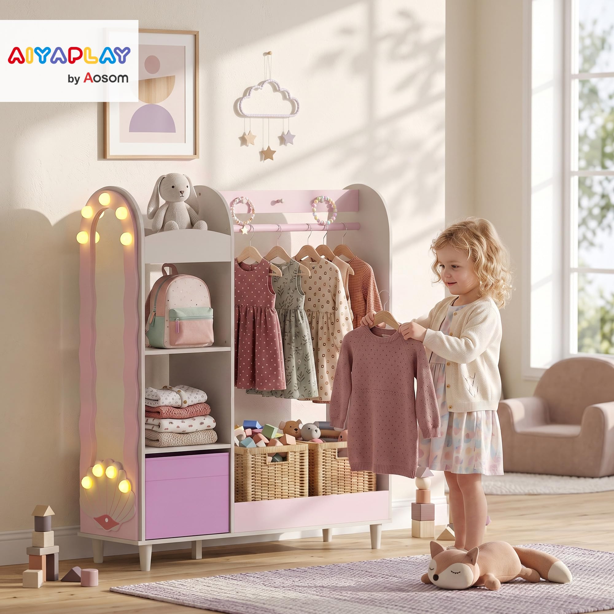 AIYAPLAY perchero infantil con espejo y cajón de tela no tejida, armario infantil para dormitorio, de 3 a 8 años, rosa