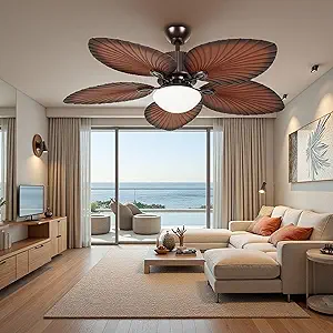 DWVO 52" Tropical Ceiling Fan with Light & Remote, LED Tri-Color Temperature, 5-Blade Ceiling Fans with 6-Speed Reversible DC Motor, Includes 6"/12" Downrods for Living Room, Bedroom, Dining Room