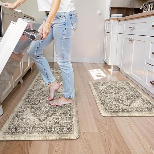 Vista 219 de KIMODE - Juego de 2 tapetes de cocina antifatiga, estilo vintage, antideslizantes, impermeables, ergonómicos, acolchados, cómodos para lavandería