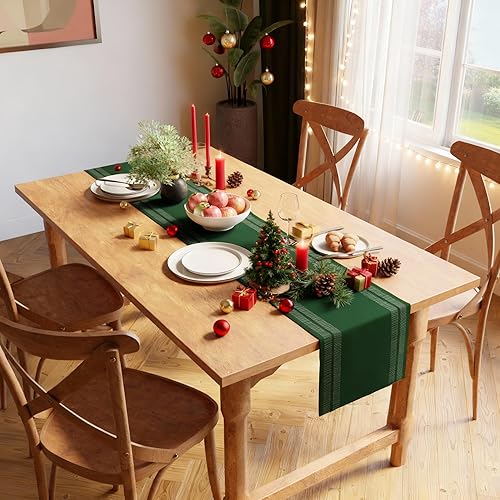 Vista 28 de Encasa XO Camino de mesa de comedor de 13 x 98 pulgadas Algodón acanalado fino teñido con hilo Rojo sólido para mesa de comedor, decoración