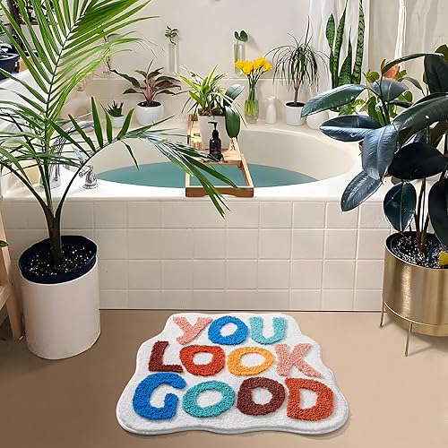 Miniatura 3 de Alfombra de baño blanca con texto en inglés "You Look Good", divertida y bonita, decoración de baño, pequeña, fresca, antideslizante, de microfibra,