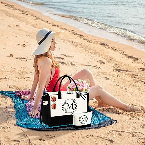 Miniatura 7 de Bolsa de lona con inicial, bolsa de playa, bolsa de maquillaje con cremallera, regalos personalizados para profesores, amigas, regalos de cumpleaños