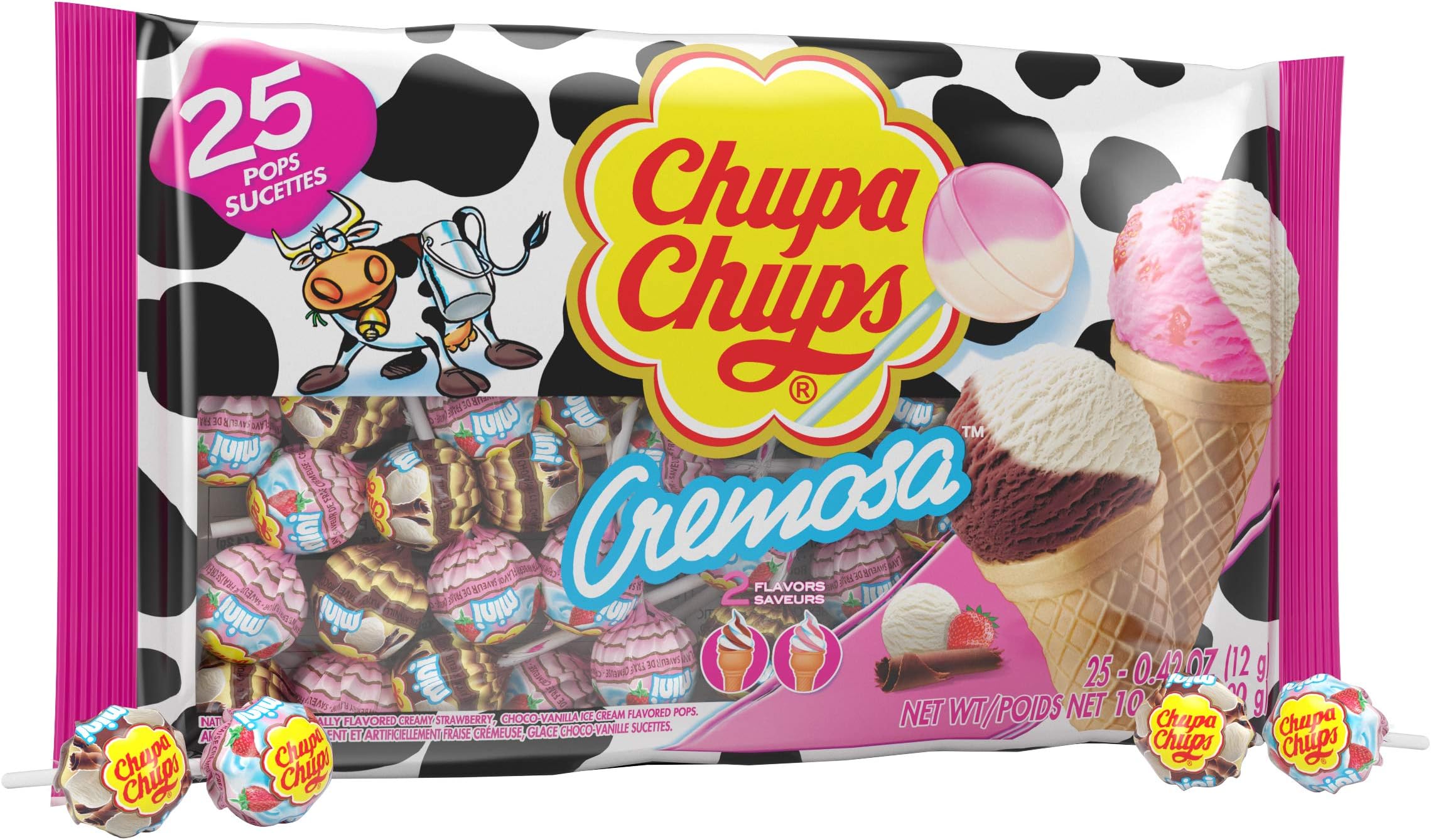 (1) bag Cremosa Lollipops Candy 2 Ice Cream Flavors - Strawberry and Cream, Choco-Vanilla - Fat, Peanut & Gluten Free 25 pieces/10.58 oz