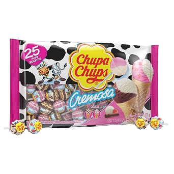 Chupa Chups 1 bag Cremosa Lollipops Candy 2 Ice Cream Flavors - Strawberry and Cream, Choco-Vanilla - Fat, Peanut & Gluten Free 25 pieces/10.58 oz
