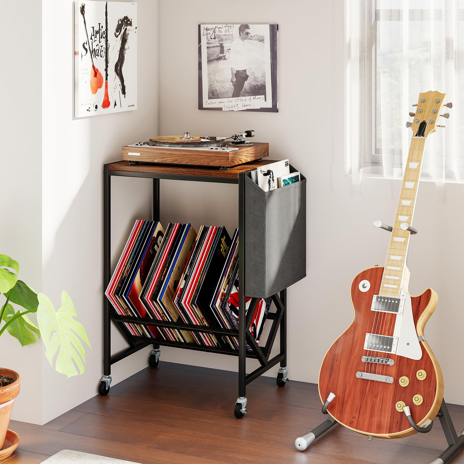 GIANTEX Meuble Vinyle à roulettes avec Poche Latérale, Meuble Vinyle Rangement pour 100 Albums CDs, Cadre en Métal, Support pour Tourne-Disques pour Salon, Salle de Musique (Marron)