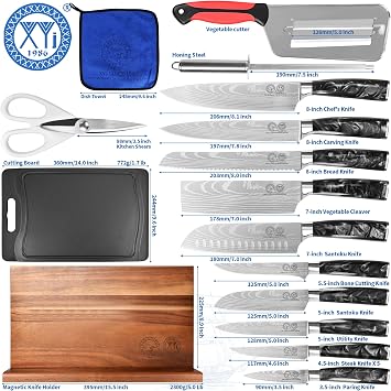 XYJ Authentic Since 1986,Knife Block Set,Professional Japanese Style Chef Knives Set with Block,Scissors,Sharpener Rod,Cutting Board,Gloves,Stainless Steel Steak Paring Bread Santoku Kitchen Knives