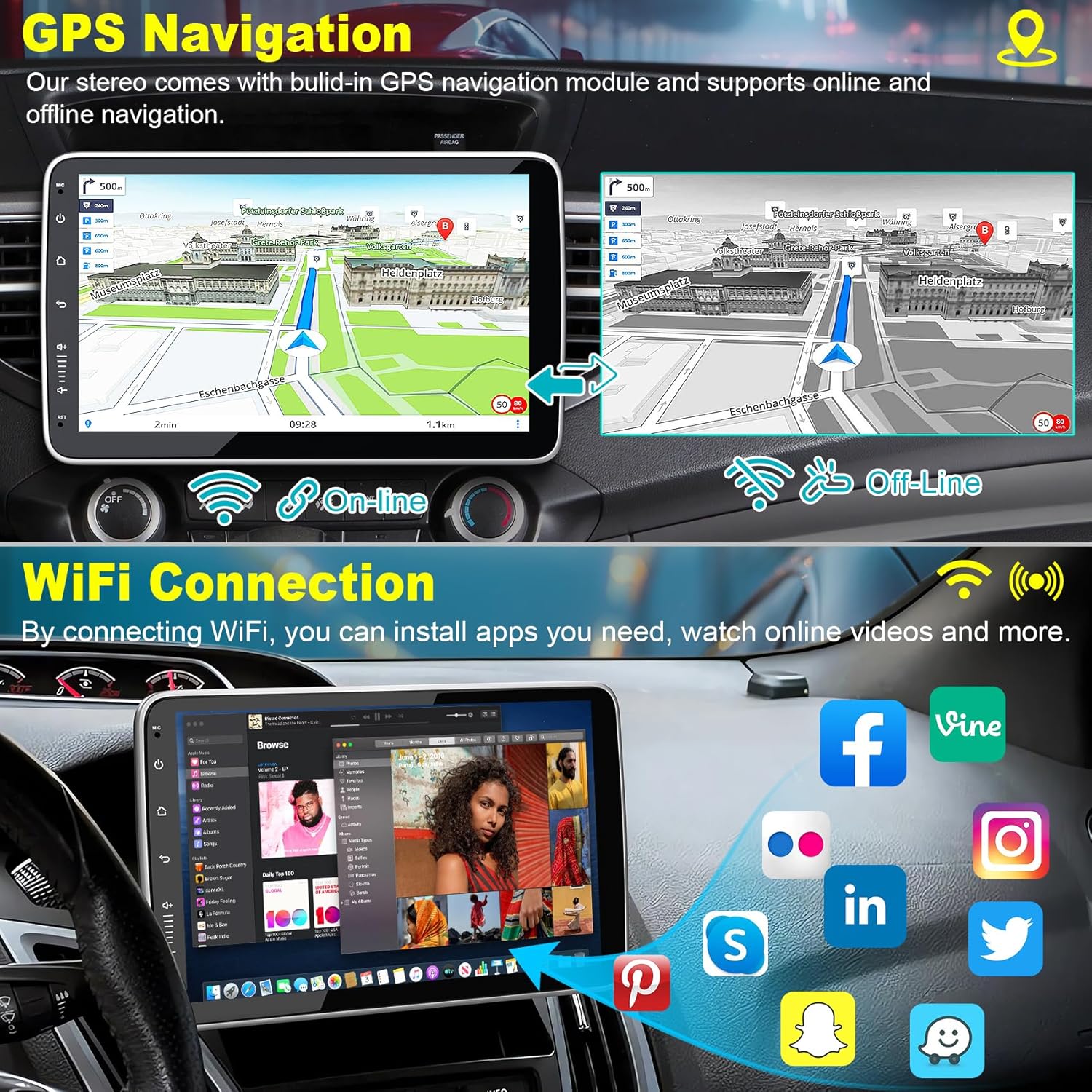 GPS Navigation and WiFi Connection features