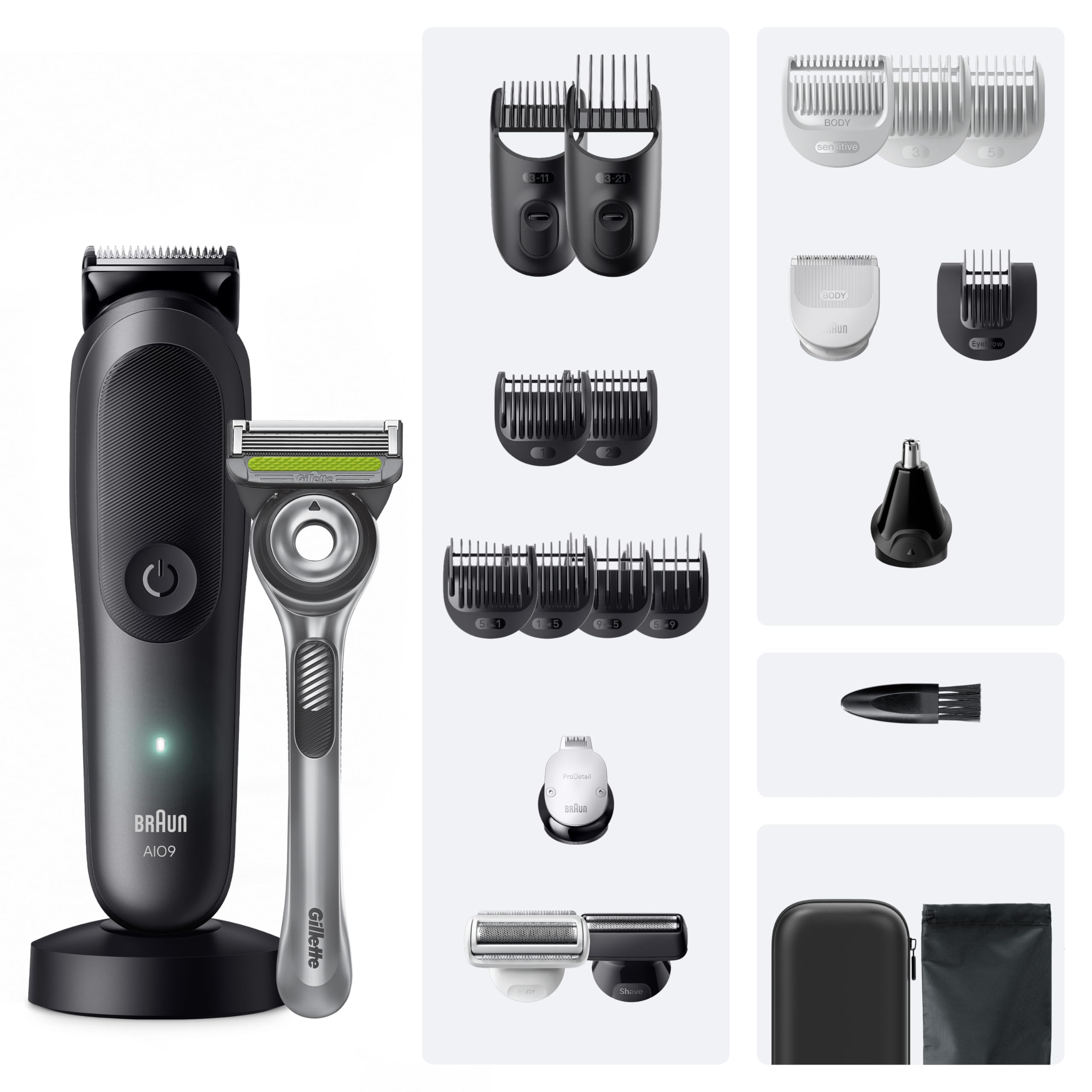 Braun Rasoio Elettrico Barba e Capelli Serie 9, Accessori AIO9545 Grigio | Rifinitore All-in-One 22in1, Rasoio Elettrico Corpo Uomo, Modalità Bodygentle, Peli Naso, Impermeabile Ricaricabile