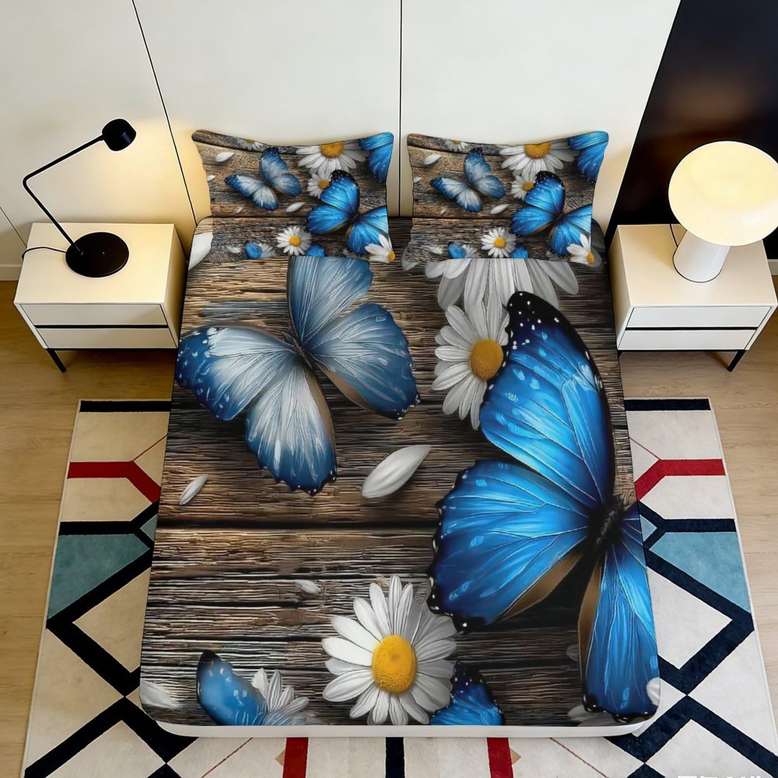 3D Printed Blue Butterfly Fitted Sheet Microfiber Daisy Mattress Cover Anti-Slip Bed Decor for Bedroom Guest Room Machine Washable 180x200x25cm