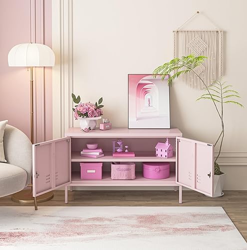 Miniatura 5 de TV Stand Multifunctional Metal Storage Cabinet 2-Tier Thick Plate Material Support Sturdy Metal Sideboard Adjustable Storage Cabinet Pink Size: 24”H