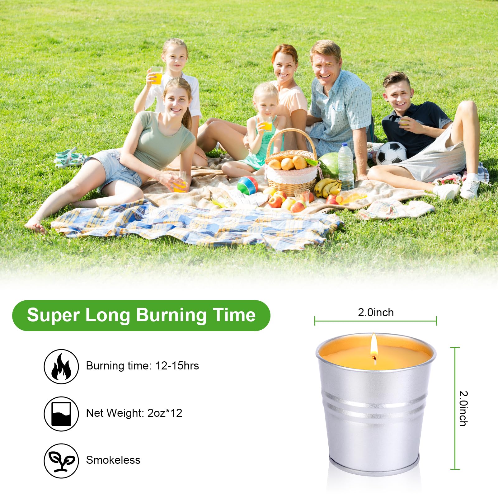 12 Stück Citronella Kerze Outdoor, Teelichter im Metalleimer, 120-180 Brennstunden Natürliches Sojawachs Citronella Duftlichter Zitrone Teelichter Kerzen Outdoor Indoor für Terrasse,Garten,Camping