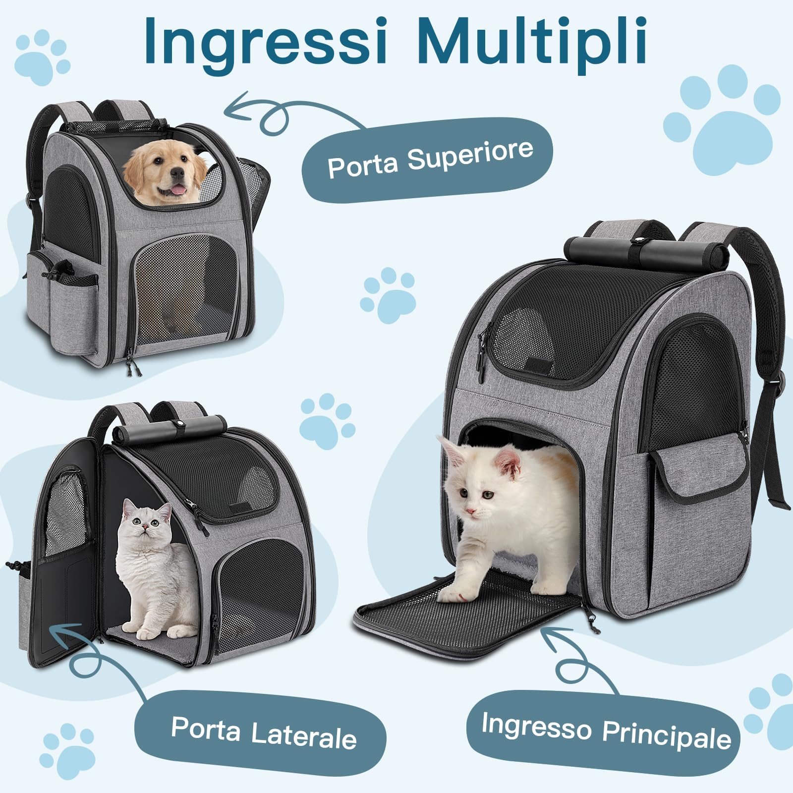 Zaino per Cani Gatti, Grande Zaino Gatto Cane 10 kg, Traspirante Zaino Porta Cane Gatto con Finestra a Rete, Zaino Trasportino Cani Gatto con Guinzaglio Interno e Tappetino per Viaggi - Grigio