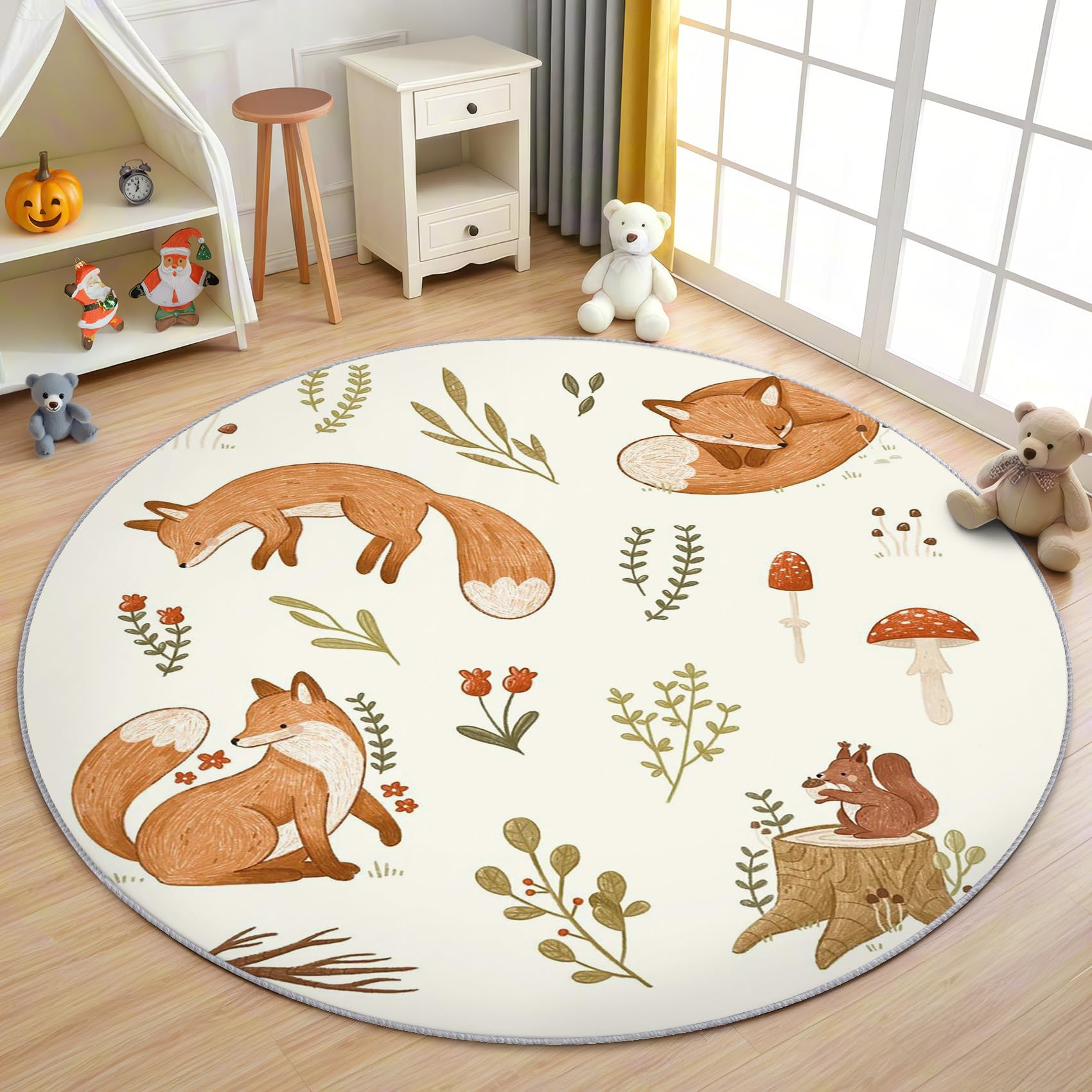 Fuchs Teppich Rund 120cm Kurzflor - Waschbare Teppiche Wohnzimmer Kinder Cartoon Tiere - Runder Teppich 120 Durchmesser Kinderzimmer - Bettvorleger Schlafzimmer rutschfest Weich
