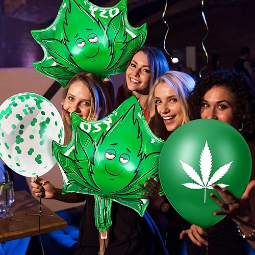 Miniatura 7 de 72 globos de marihuana con 420 hojas de marihuana para decoración de fiesta, suministros de malas hierbas, hojas de látex, globos de papel de