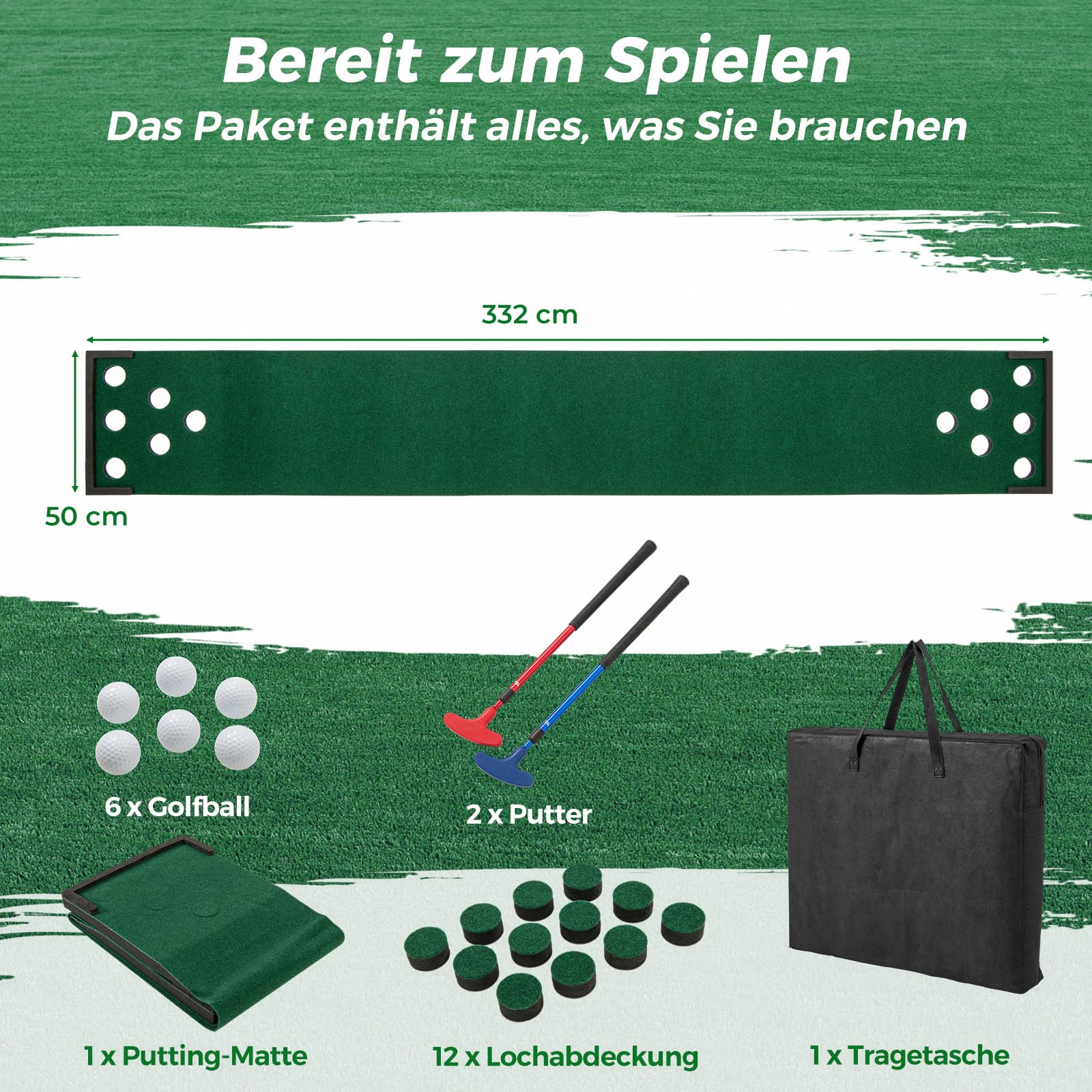 GOPLUS Puttingmatte Set, Golf Trainingshilfen mit verstellbaren Puttern, Bällen, Lochabdeckungen, Golftrainermatte mit Tragetasche, für Zuhause und Büro, für Party, Familie & Freunde