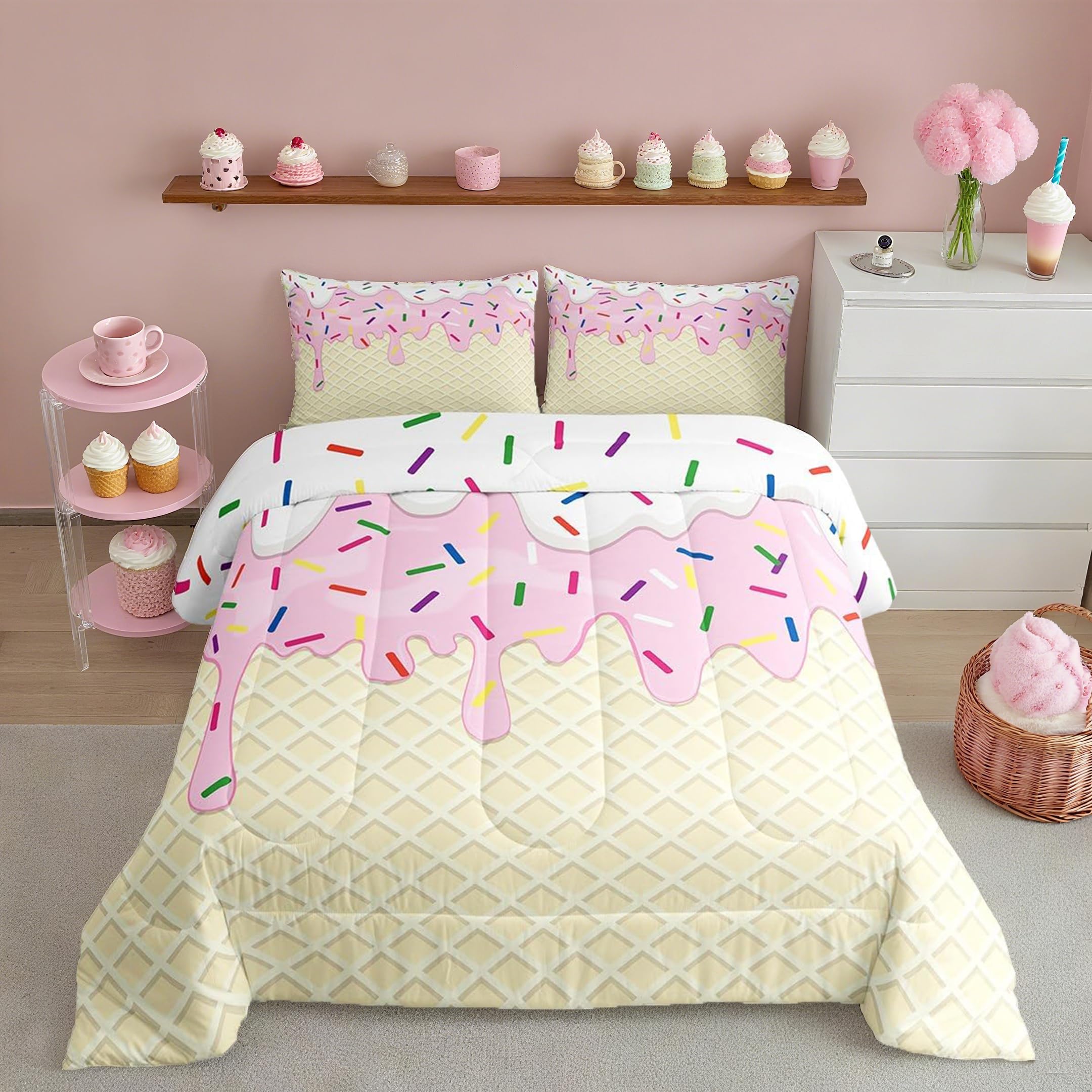 Homewish Girls Ice Cream Twin Size Comforter Set,Kids Pink White Cream Cake Decor All Season Bedding Set,Teens Colorful Candy Comforter,Children