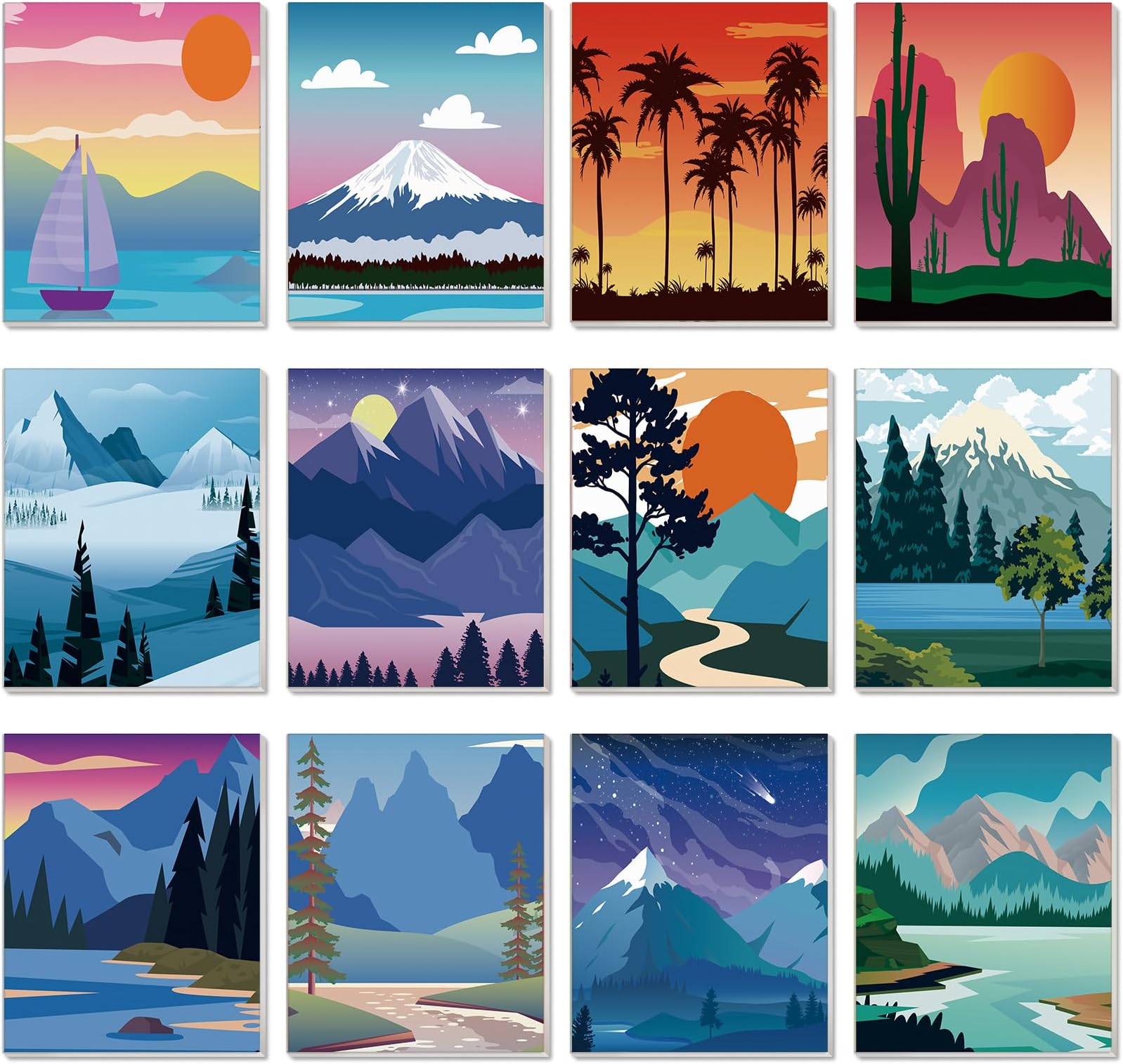 Sherr 12 Pcs Pre Printed Canvas Pre Drawn Canvas Cute Canvas Painting Set for Kids Printed Canvas to Paint Canvas Set Theme Canvas Painting for Party Favor (Landscape,11 x 14 Inch)