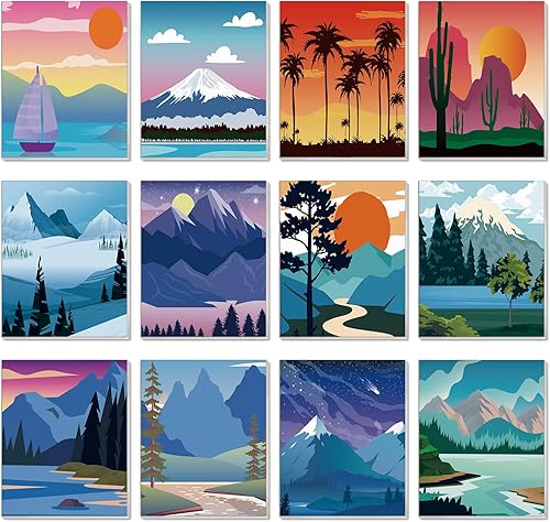 Sherr Juego de 12 lienzos predibujados para adultos, lindo lienzo impreso para pintar, juego de lienzo temático para recuerdos de fiesta (paisaje, 8