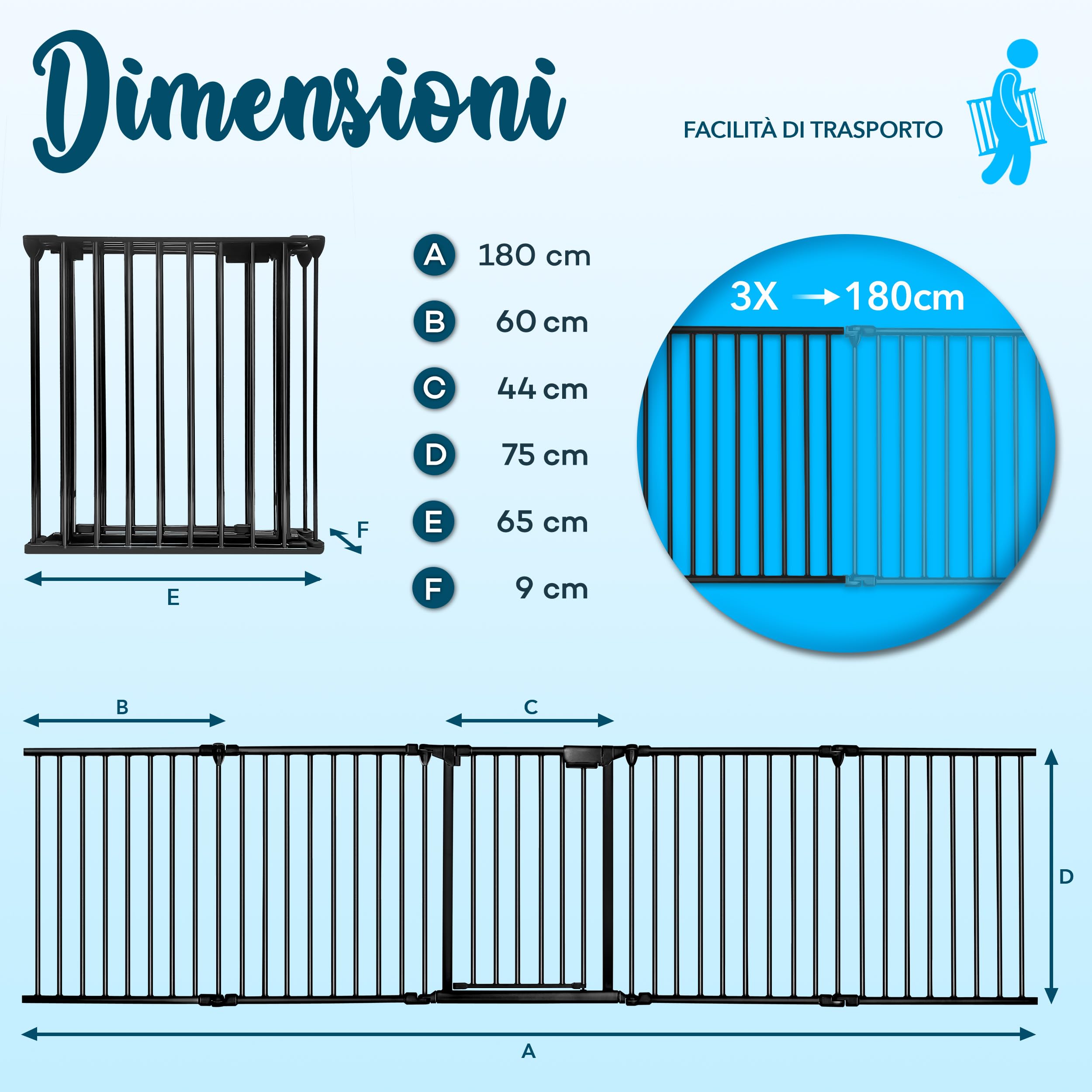 KIDUKU® Barriera di sicurezza 300-600 cm per Bambini e Animali | Cancelletto Griglia di Sicurezza per Camino - Preassemblato | Barriera Protettiva Pieghevole per Porte o Scale (Nero, 180 cm)