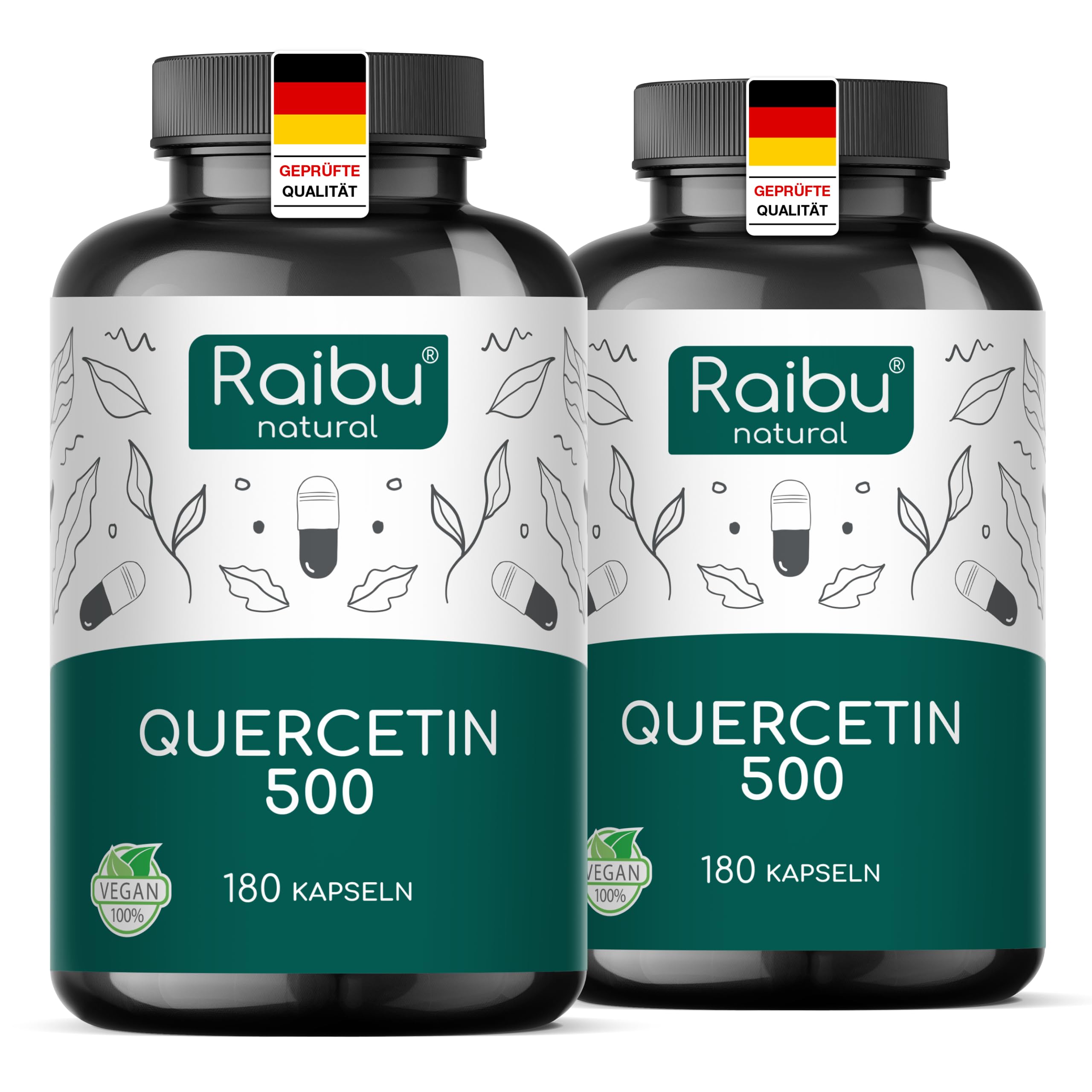 Quercetin Hochdosiert - 360 Kapseln - 500 mg Quercetin pro Kapsel - Vorrat für 12 Monate - Hochwertiger Rohstoff: Japanischer Schnurbaum - Ohne Zusätze & Vegan- Raibu (Packung mit 2)