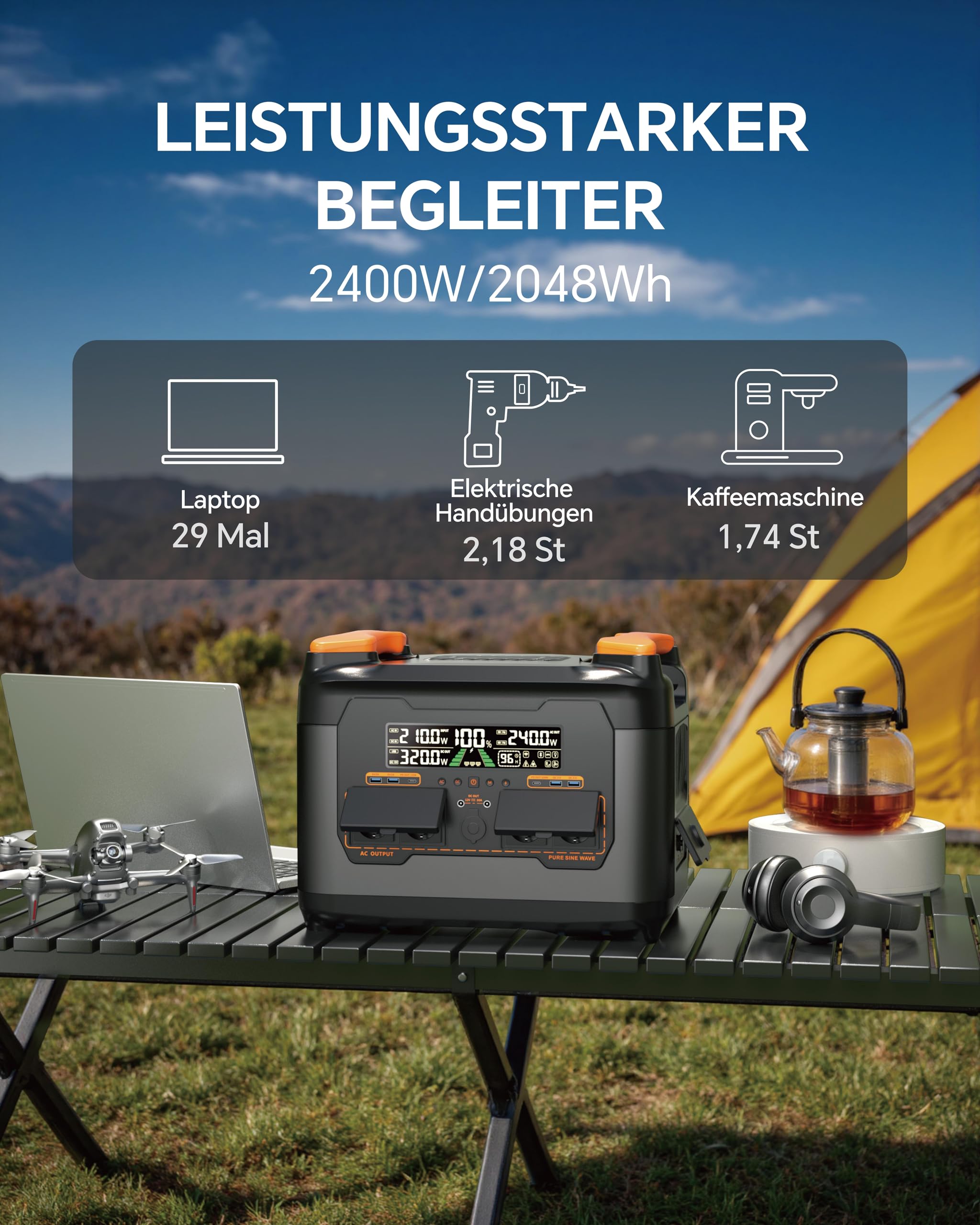 S2400 - Estación de energía portátil (2047,5 Wh/2400 W (punta de 4000 W), para balcón con memoria, almacenamiento de energía todo en uno con microinversor, CC 24 V/MPPT 1200 W, generador