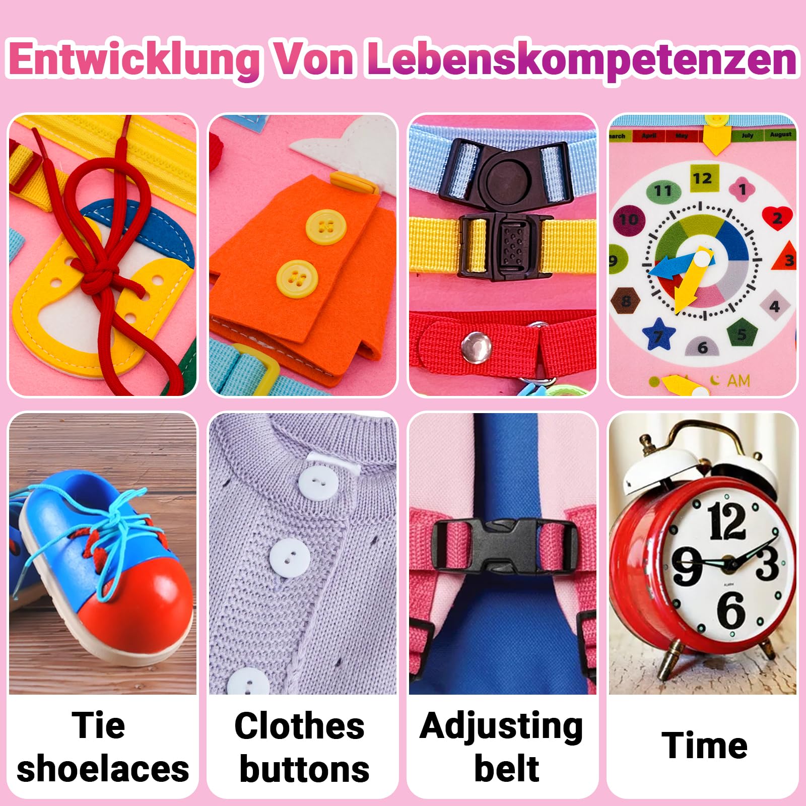 RunHero 10-in-1 Montessori Activity Board - Felt Sensory Learning Toy, Travel Toy for Car & Airplane, Ages 1-4 (Pink) - Image 4