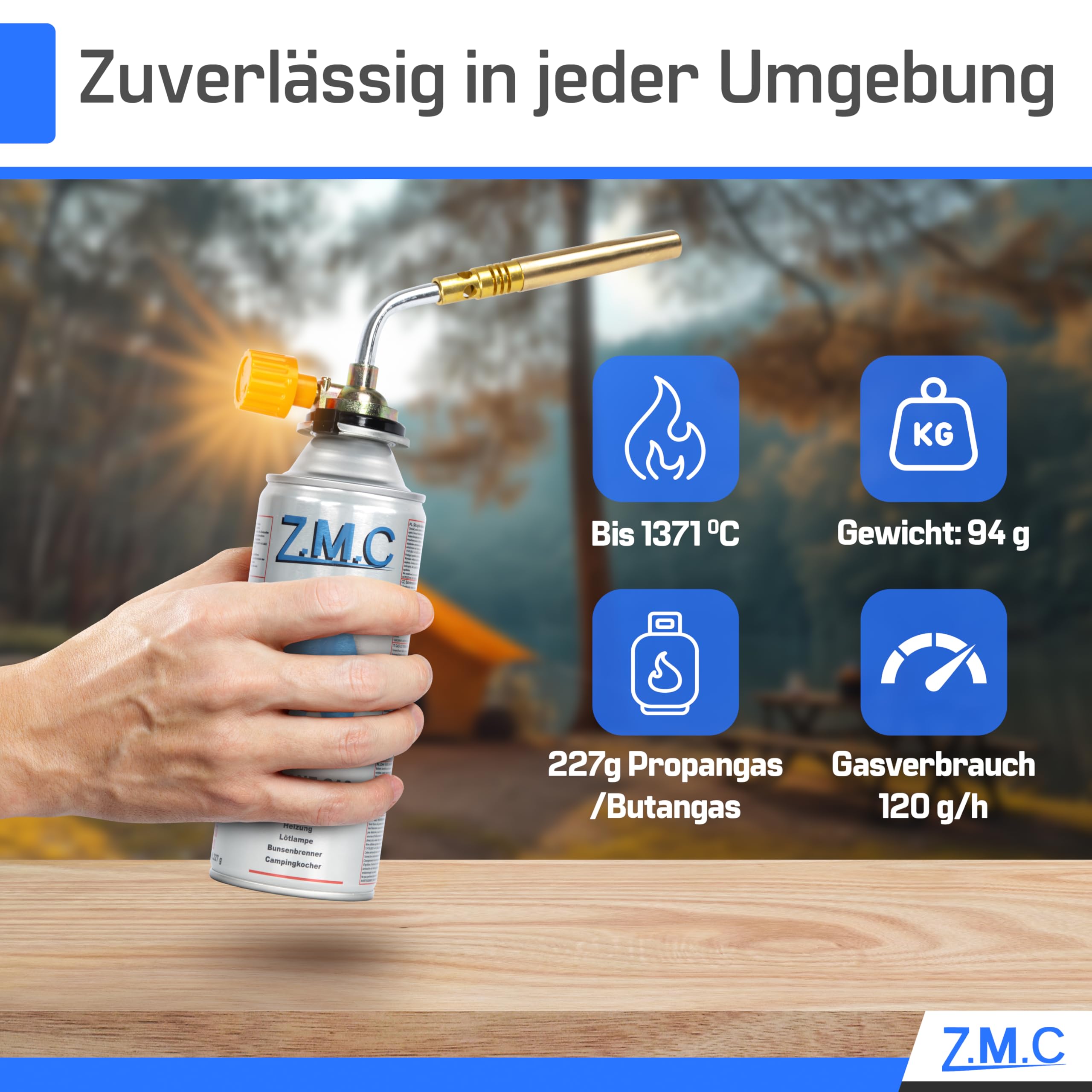 Z.M.C BUSTINAFLAME Gasbrenner 1,65 kW, cannello ossidrico fino a 1371 °C, cannello per saldatura becco Bunsen con fiamma regolabile, dispositivo antifiamma lampada saldatrice ideale per officina