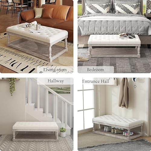 Miniatura 6 de Mesa de Centro Otomana, Otomana Rectangular Grande con Almacenamiento - Banco Acolchado Tapizado para Sala de Estar, Tela de Lino con Mechones con