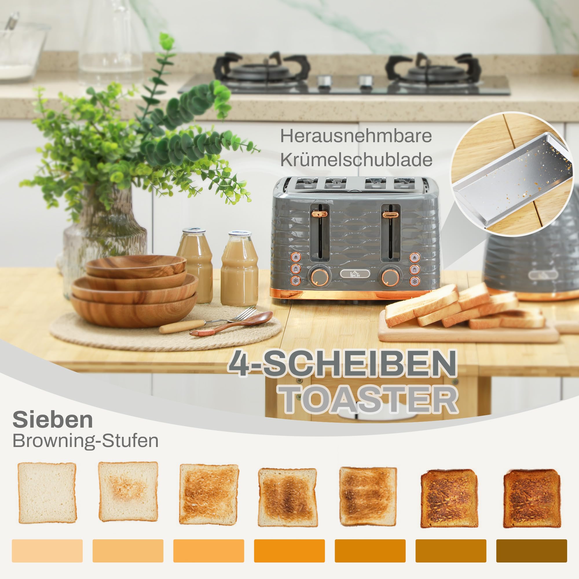 HOMCOM Wasserkocher Toaster Set 1,7L 4 Scheiben 2200W 7 Bräunungsstufen Grau