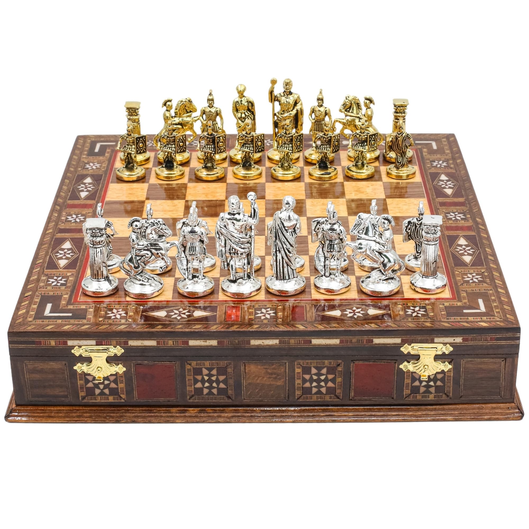 Handmade Storage Chess Set with Roman Empire Julius Caesar Pieces | 12 Inch (30 Cm) | Metal Chessmen & Solid Wood Board