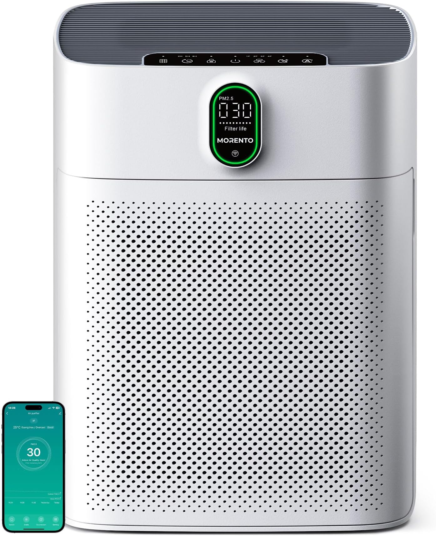 MORENTO Smart Air Purifier for home Large Rooms up to 1076 ft², Wi-Fi and Alexa compatible, Auto Mode, Quiet Mode 24dB, HEPA Filter Removes Dust, Pollen, Smoke, 1 Pack + 3 Modes