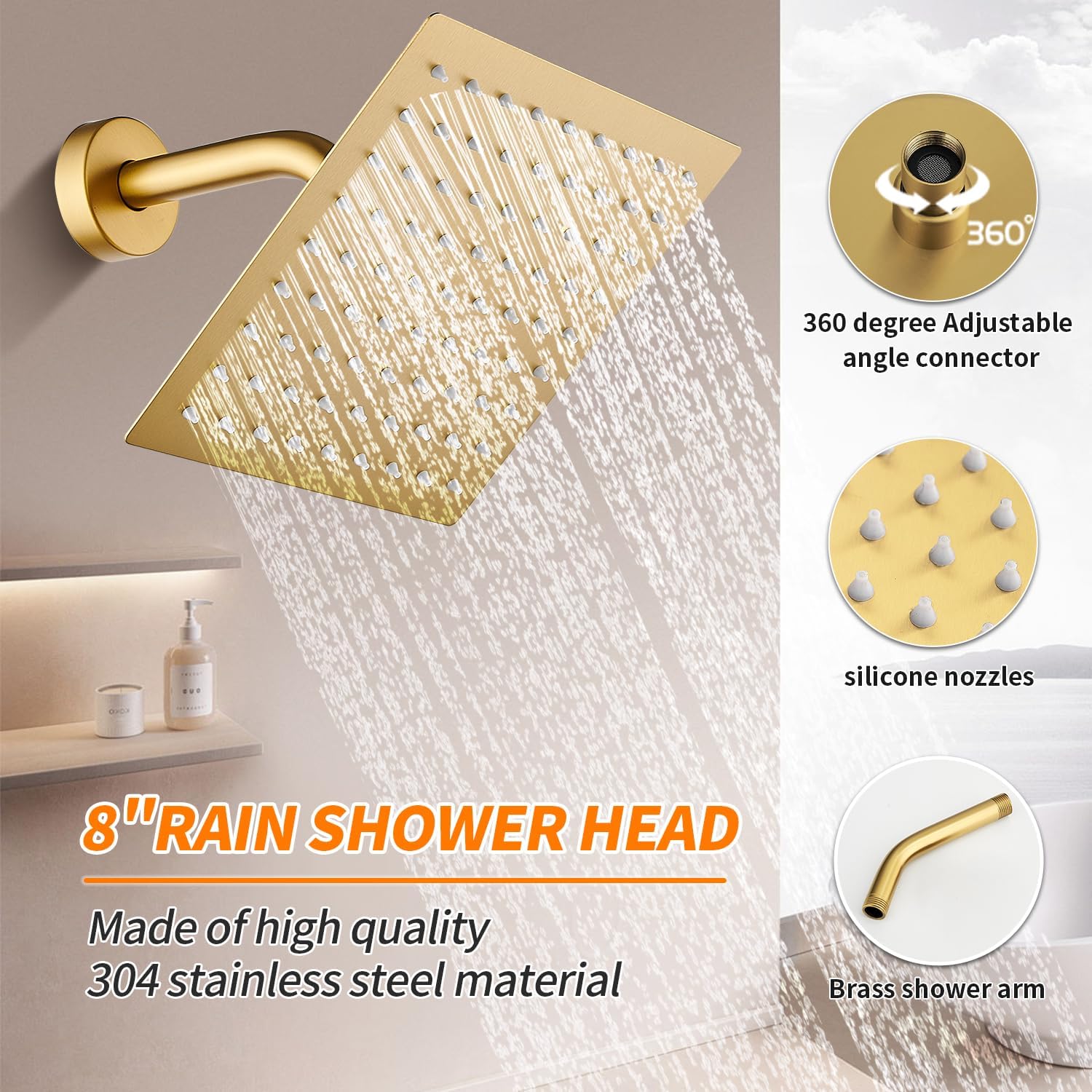 Brushed Gold Shower Faucet Single Function Trim Kit with Rough-in Valve Set Bath Rainfall Shower System 8inch Square Stainless Steel Metal Shower Head