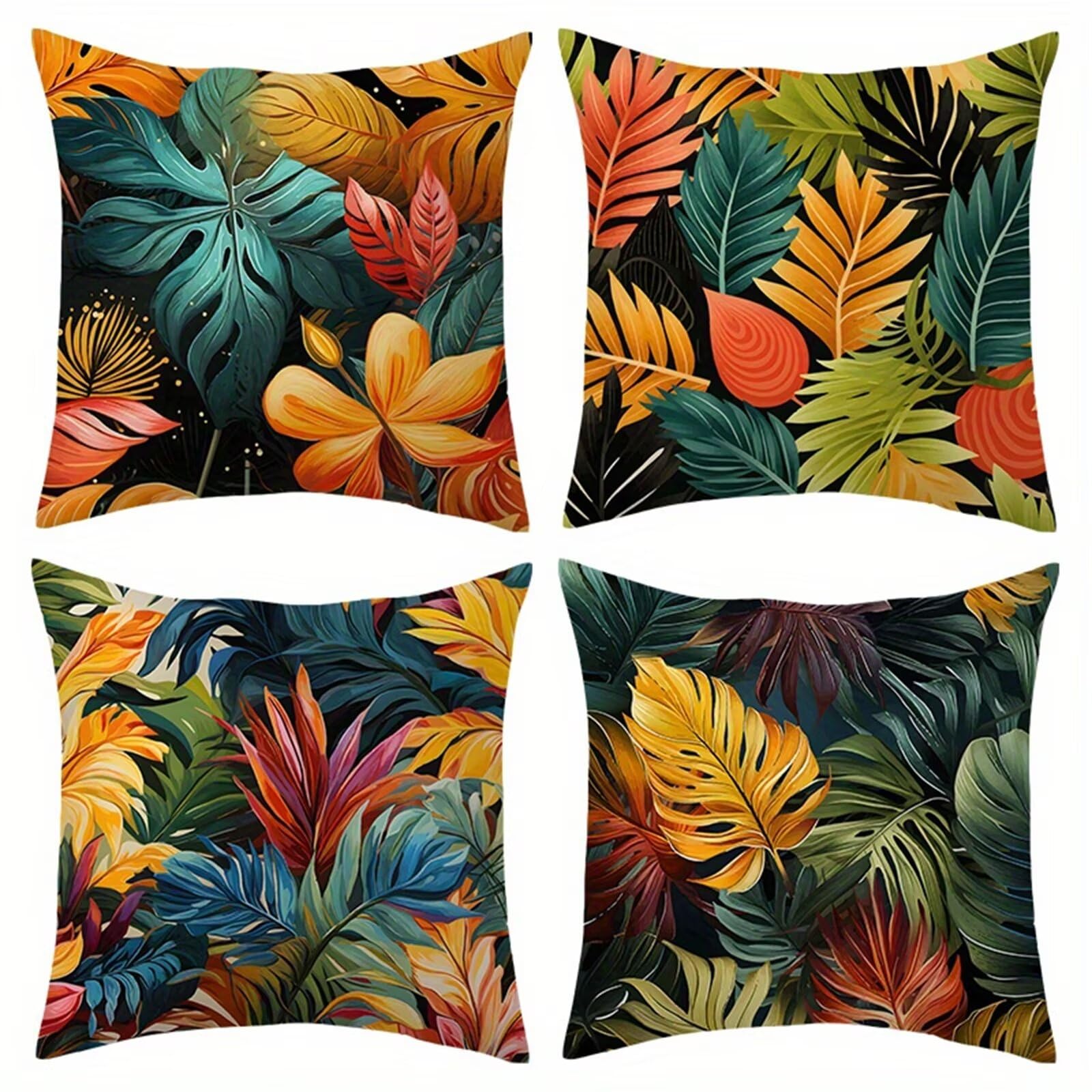 QiHon Cushion Covers 55x55 cm Set of 4 Colourful Tropical Leaves Linen Square Pillow Cases 22x22 inch Modern Decorative Throw Pillow Covers for Sofa Couch Bedroom Home Office with Invisible Zipper