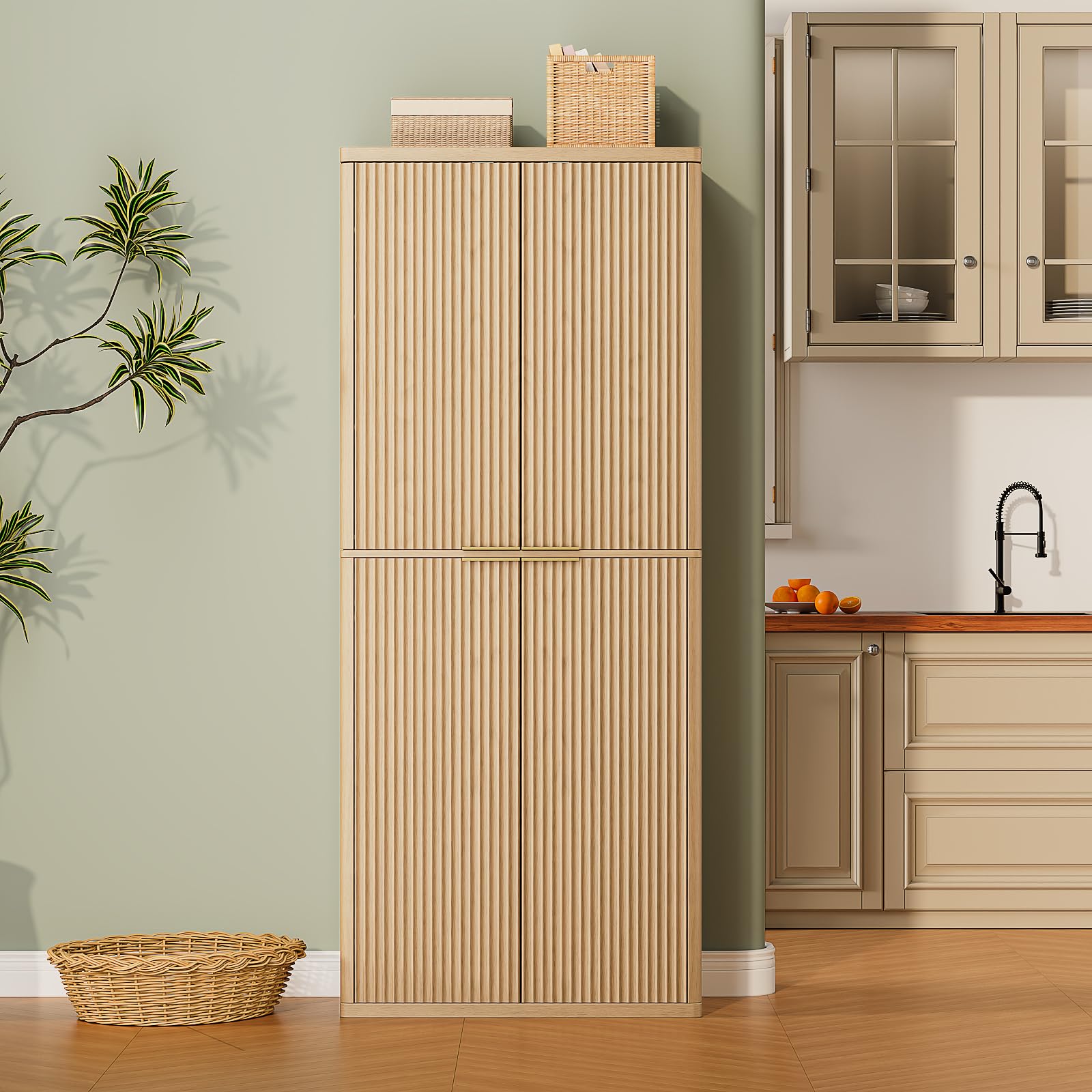 Ball &amp; Cast 72″ Fluted Pantry Cabinet,Versatile Wood Storage Cabinet with 4 Adjustable Shelves,6 Door Shelves,Moden Kitchen Cabinet w/Anti-Tip Safety for Kitchen,Dining Room,Living Room,Natural Oak