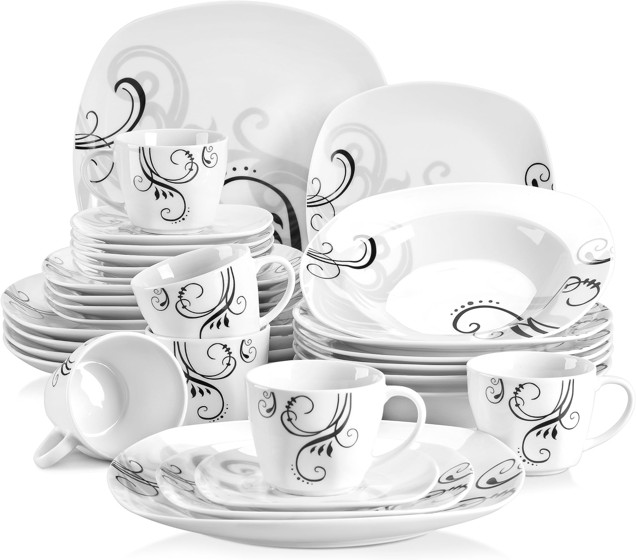 VEWEET 'Zoey' 30-Piece Dinner Set Ivory White Black Decals Porcelain Combination Sets with Cup & Saucer Set, Stoneware Plate Sets Service for 6, Dishwasher & Microwave Safe