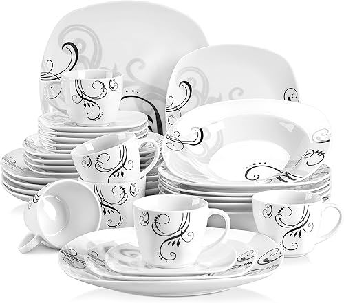 Miniatura 44 de VEWEET, Serie Fiona - Juego de vajilla de 30 piezas para 6 personas, blancos con rayas negras y grises, vajilla de porcelana de platos de postre
