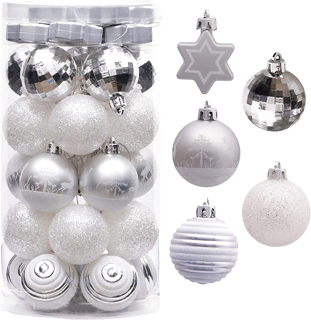 Victor's Workshop 35pcs 5cm Shatterproof Christmas Baubles, Frozen Winter Silver and White Christmas Ball Ornaments for Christmas Tree Decorations