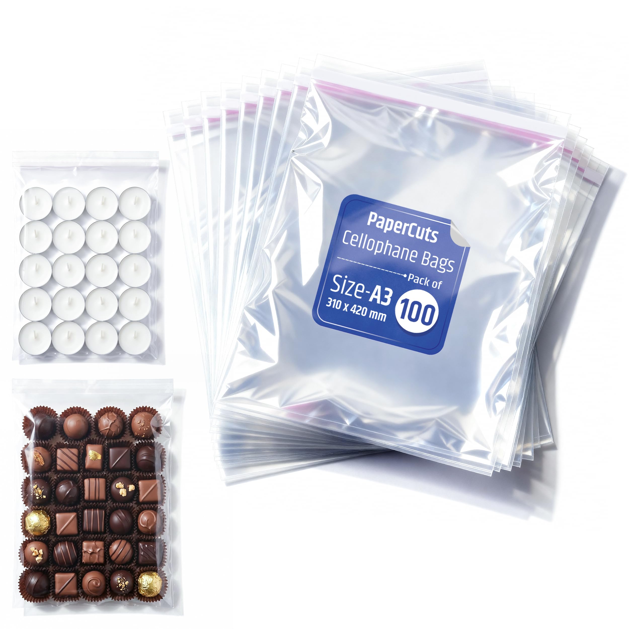 PaperCutz Clear Cellophane Bags A3 (310mm X 420mm) (100 Bags), Self-Adhesive Bag, Sealed Bags for Envelopes, Cards, Sweets, Clothes, Sealable Plastic Bag for Packaging