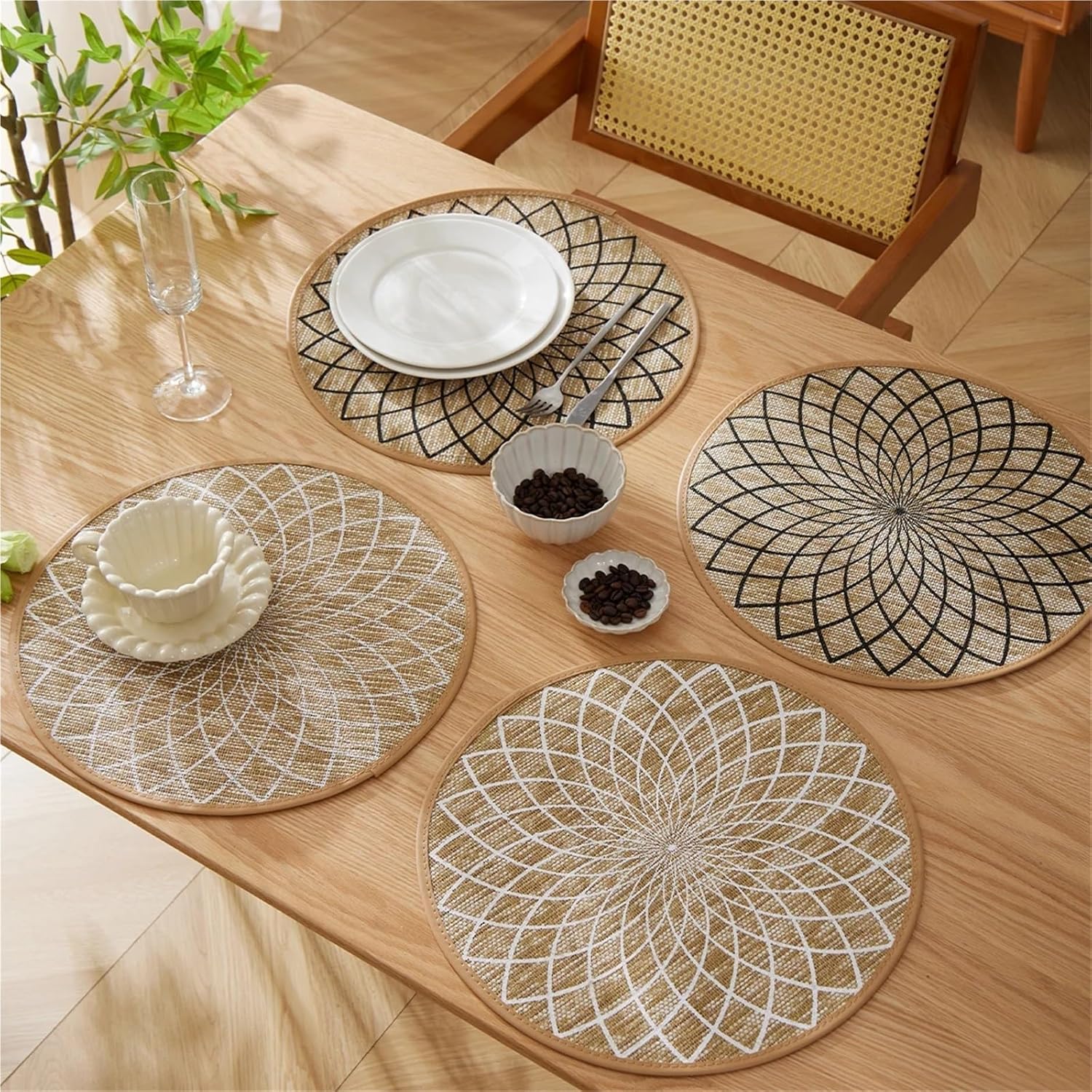 4/6/8/12pcs Artistic Jute Place mats Printed Placemats with Faux Leather Edges, Heat Insulation Mats, Decorative Mats(Black,12pcs)