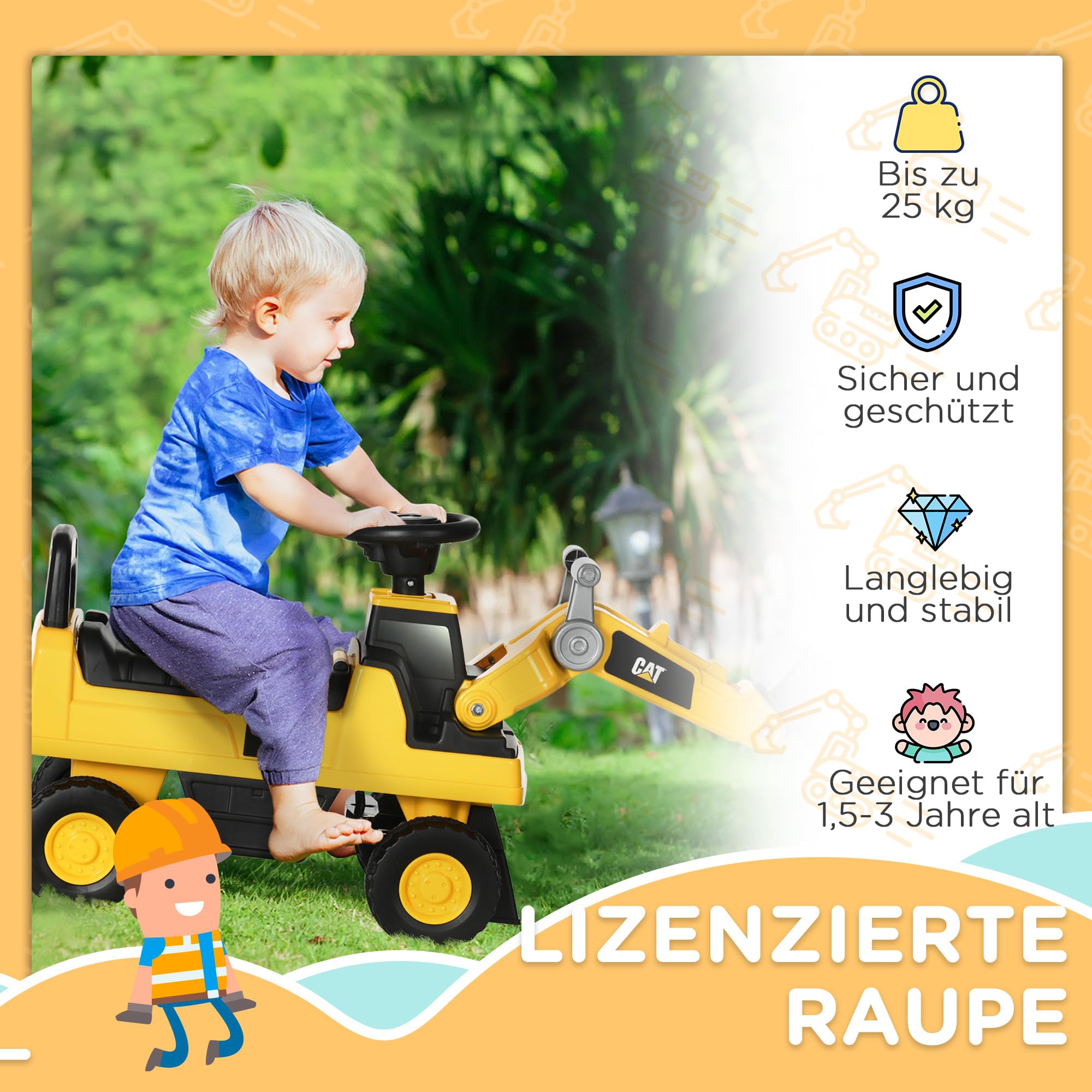 HOMCOM Sitzbagger Aufsitzbagger mit Verstellbarer Schaufel Hupe Kinderbagger mit Stauraum unter Sitz Rutschauto Spielzeugbagger zum Sitzen bis 25kg, Draufsitzen für Kinder ab 18 Monaten Gelb