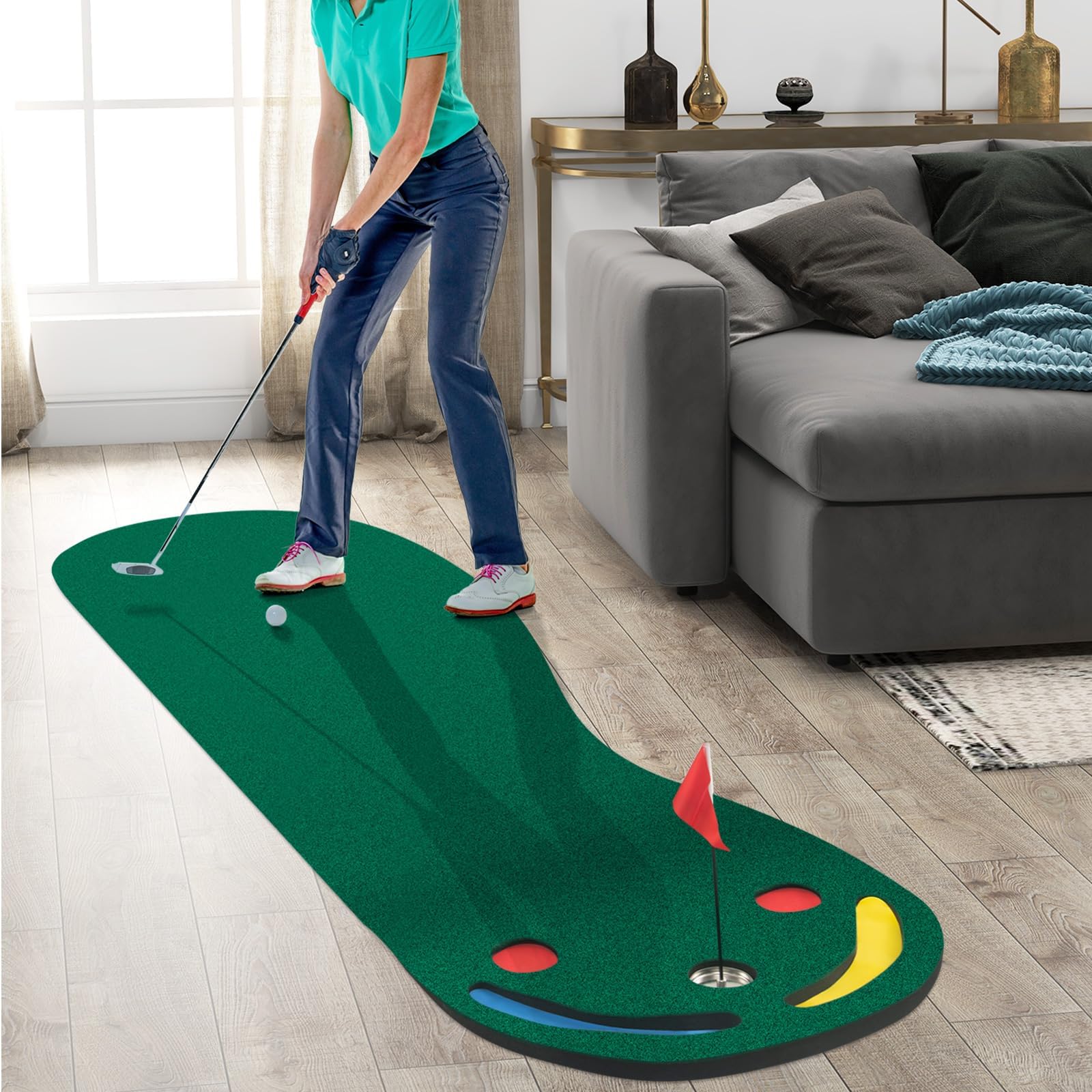 COSTWAY 300 x 96cm Golf Puttingmatte, Putting Green für Indoor & Outdoor, Golfmatte faltbar mit 3 Putting Cups & 1 Fahne, Golf Übungsmatte Trainingsmatte für Zuhause, Büro