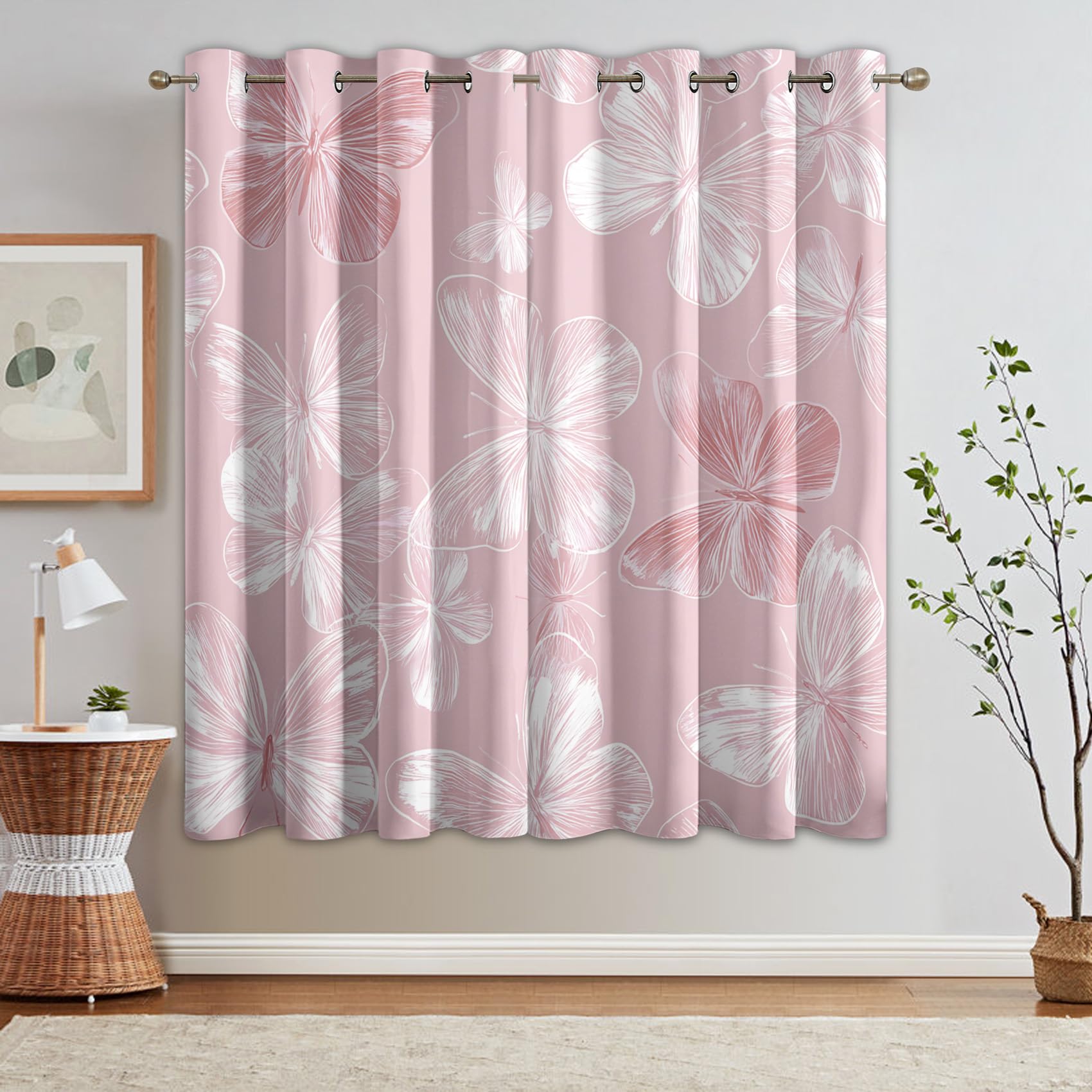 Rideau Occultant Papillon Rose, Féminine Et Féminine Motif Rideaux Thermiques à Oeillets, Rideaux Imprimé pour Salon Chambre Fenetre Moderne Décoration, 140x160 cm (L x H), Lot de 2, D#640