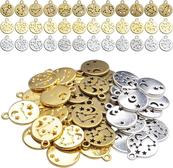 Constellation Charms Pendant, 3 Sets (36 Pieces) Zodiac Sign Charm Flat Round Metal Pendant Twelve Constellation Charm DIY Craft Supplies for Necklace Bracelet Jewelry Making