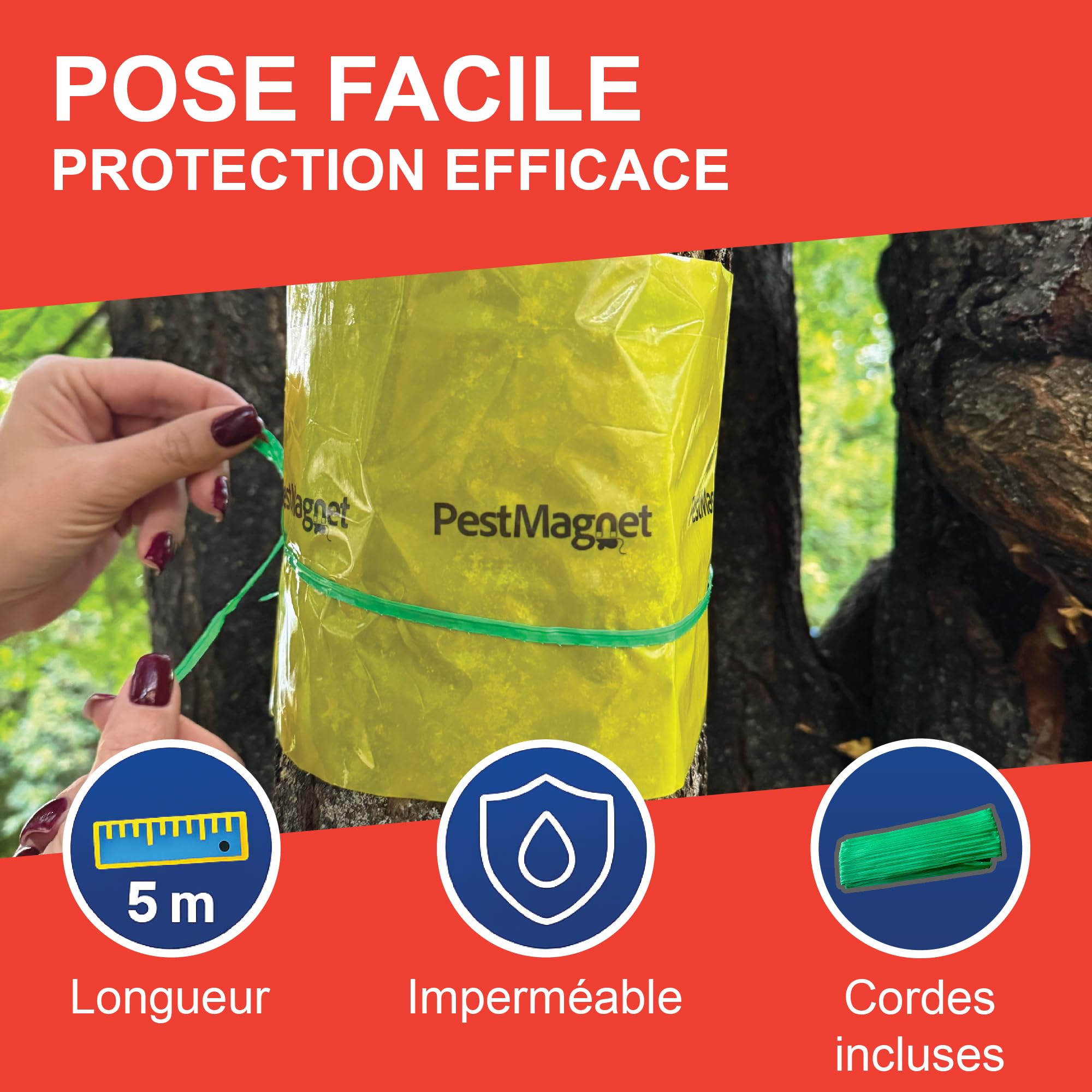 Bande de Colle pour Arbres 5 m – Jaune - Piège à Insectes Rampants, Fourmis, Chenilles –Non Toxique, Résistante à l’Eau–Ruban Collant pour Arbres Fruitiers Cerisiers Jardins–Facile à Appliquer