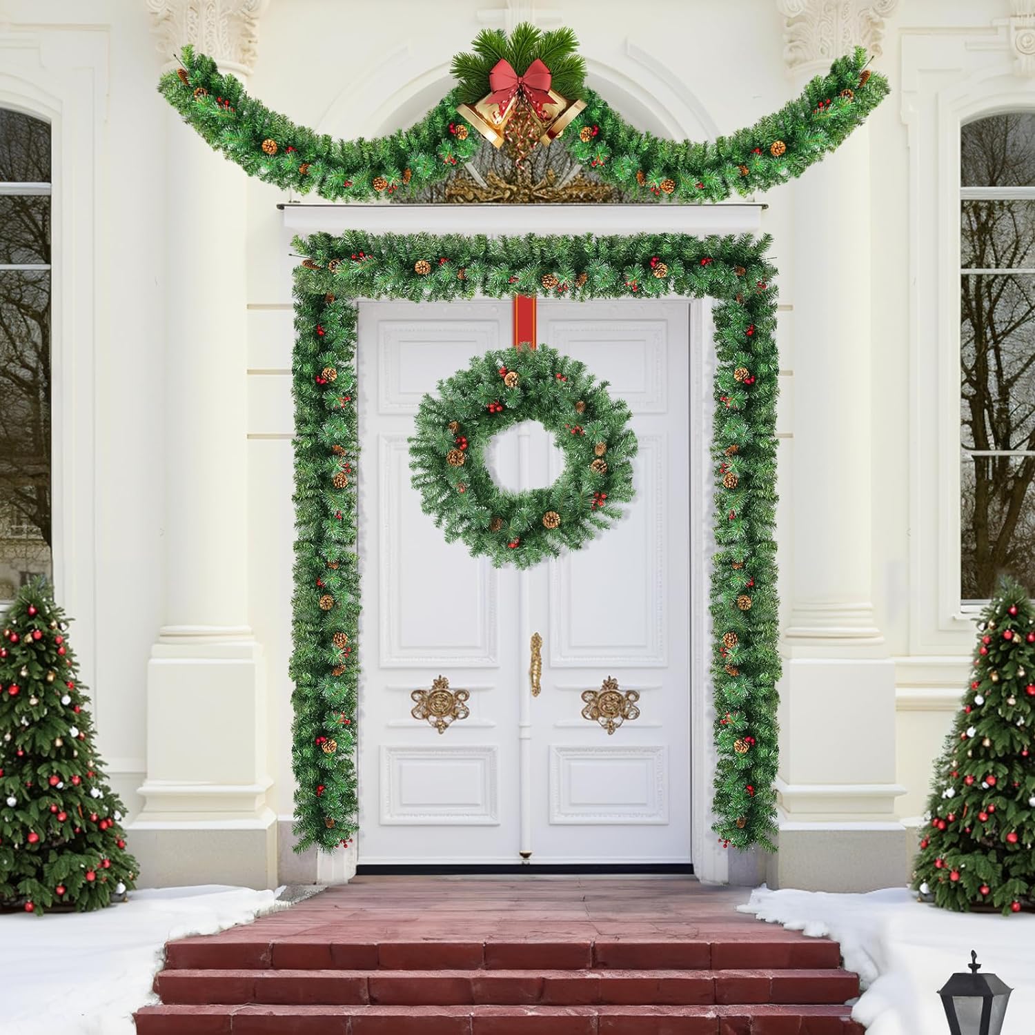 Uten Guirnalda de Navidad Artificial, Corona de Pino de PVC de 2,7 m, 12 Piñas y 12 Frutos Rojos, 240 Ramas, Decoración Navideña, Adecuada para Marcos de Puertas, Chimeneas, Escaleras, Ventanas
