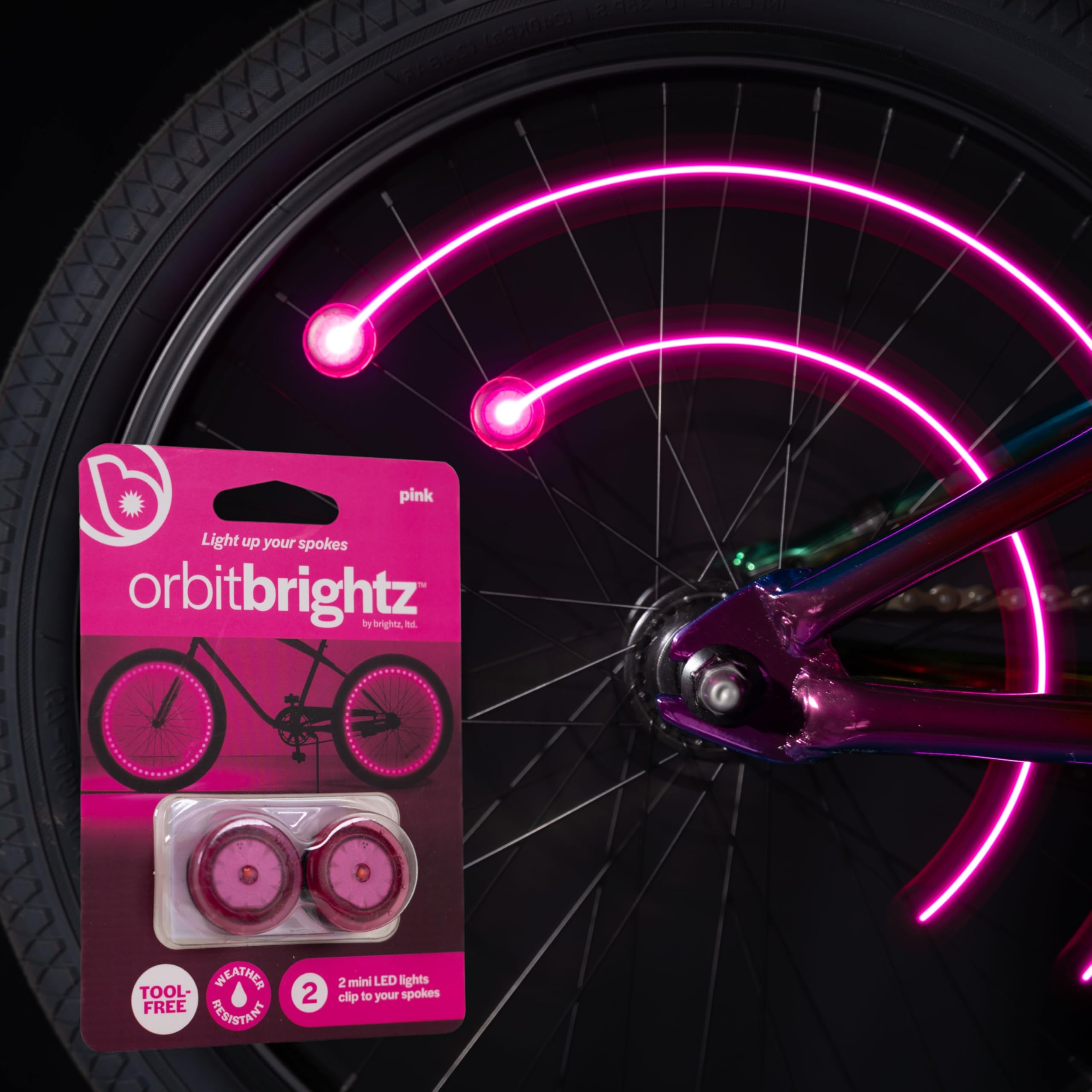 Brightz OrbitBrightz Mini LED Bike Spoke Clip Lights, 2-Pack - Adds a Pop of Color to Your Bike Wheels - Easily Clips On to Spokes - Simply Twist to Turn On or Off - Be Cool - Be Seen