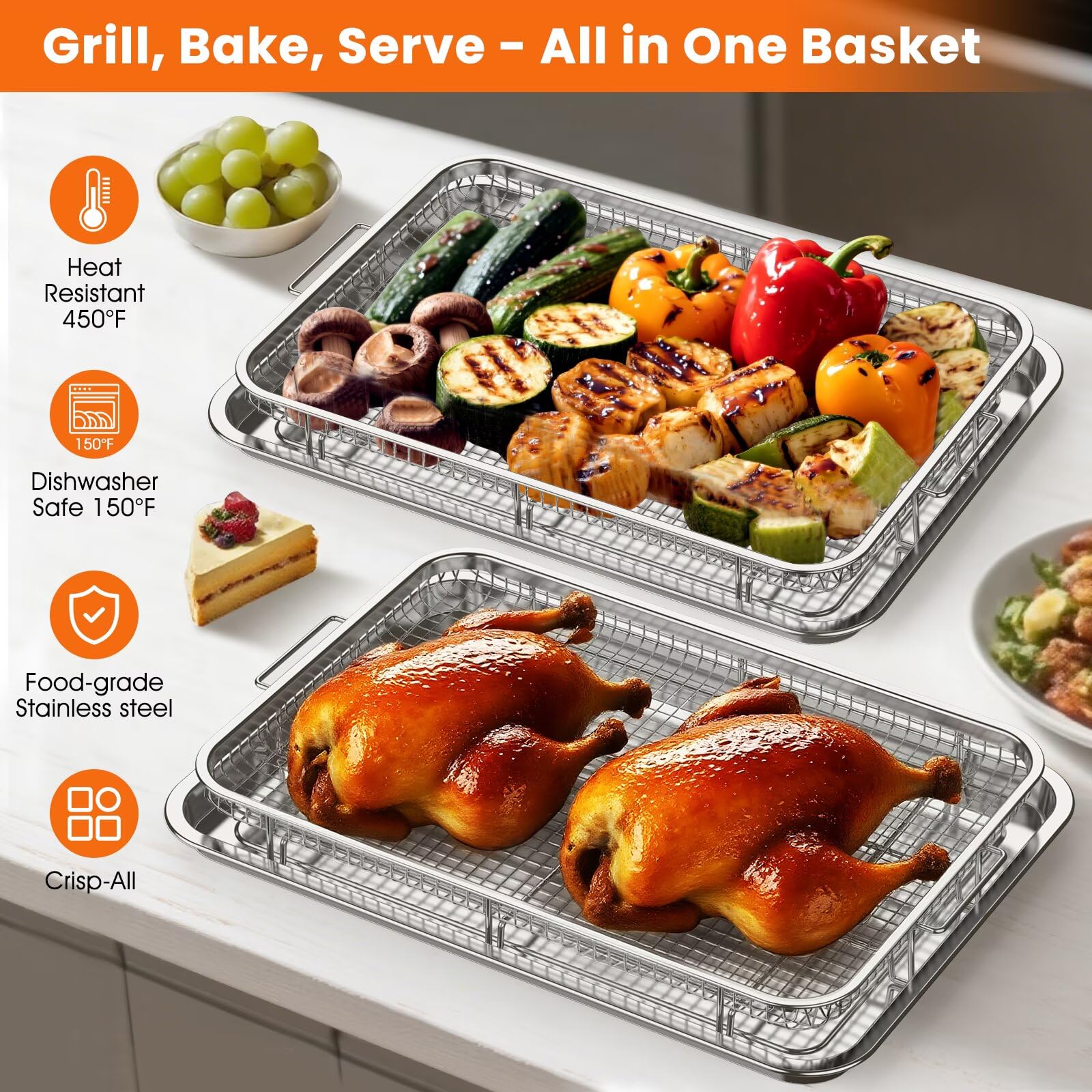 Extra Large Air Fryer Basket for Oven, 18.7"x12.8" Stainless Steel Baking Pan & Crisper Tray, Fits Whole Chicken, Commercial-Grade Oven Air Fryer with 30 Parchment Papers, Dishwasher Safe