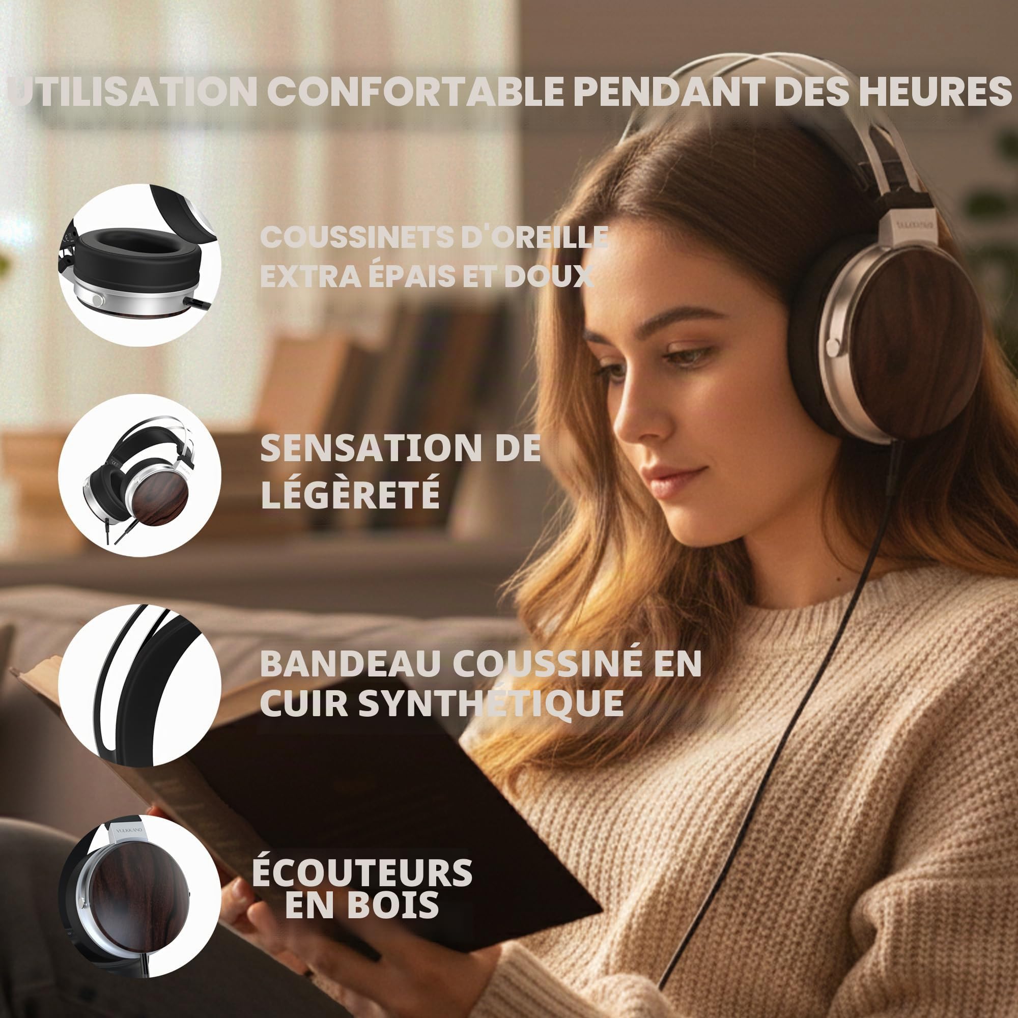 VULKKANO HC20 IRATI Casque studio professionnel Over-Ear avec bonnets en bois, drivers 50 mm, son équilibré avec basses définies, câble 1,5 m, 32 ohms, réponse fréquence 20 Hz - 20 kHz