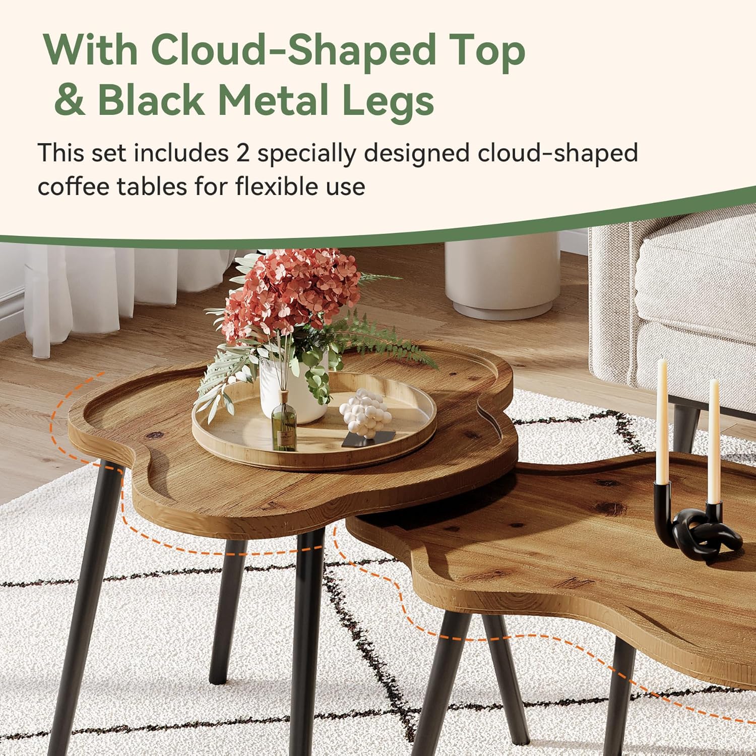 Nesting Coffee Table Set of 2, Solid Wood Coffee Tables with Cloud Tabletop, Stacking Accent Tables with Adjustable Non-Slip Feet for Living Room, Bedroom & Small Space, Rustic Brown