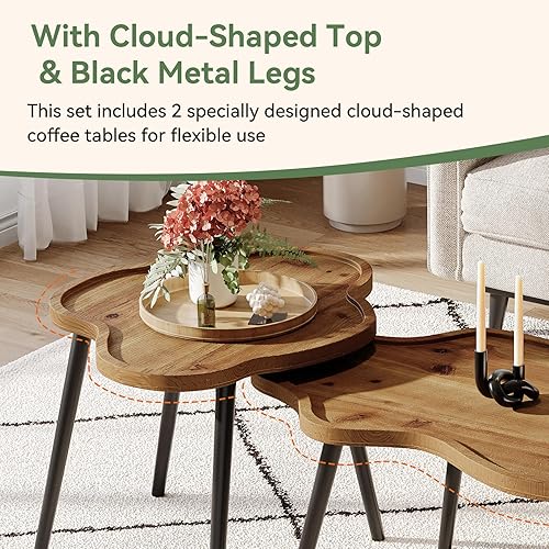 Miniatura 8 de Juego de 2 mesas de centro anidables, mesas de centro de madera maciza con mesa de nube, mesas decorativas apilables con pies antideslizantes